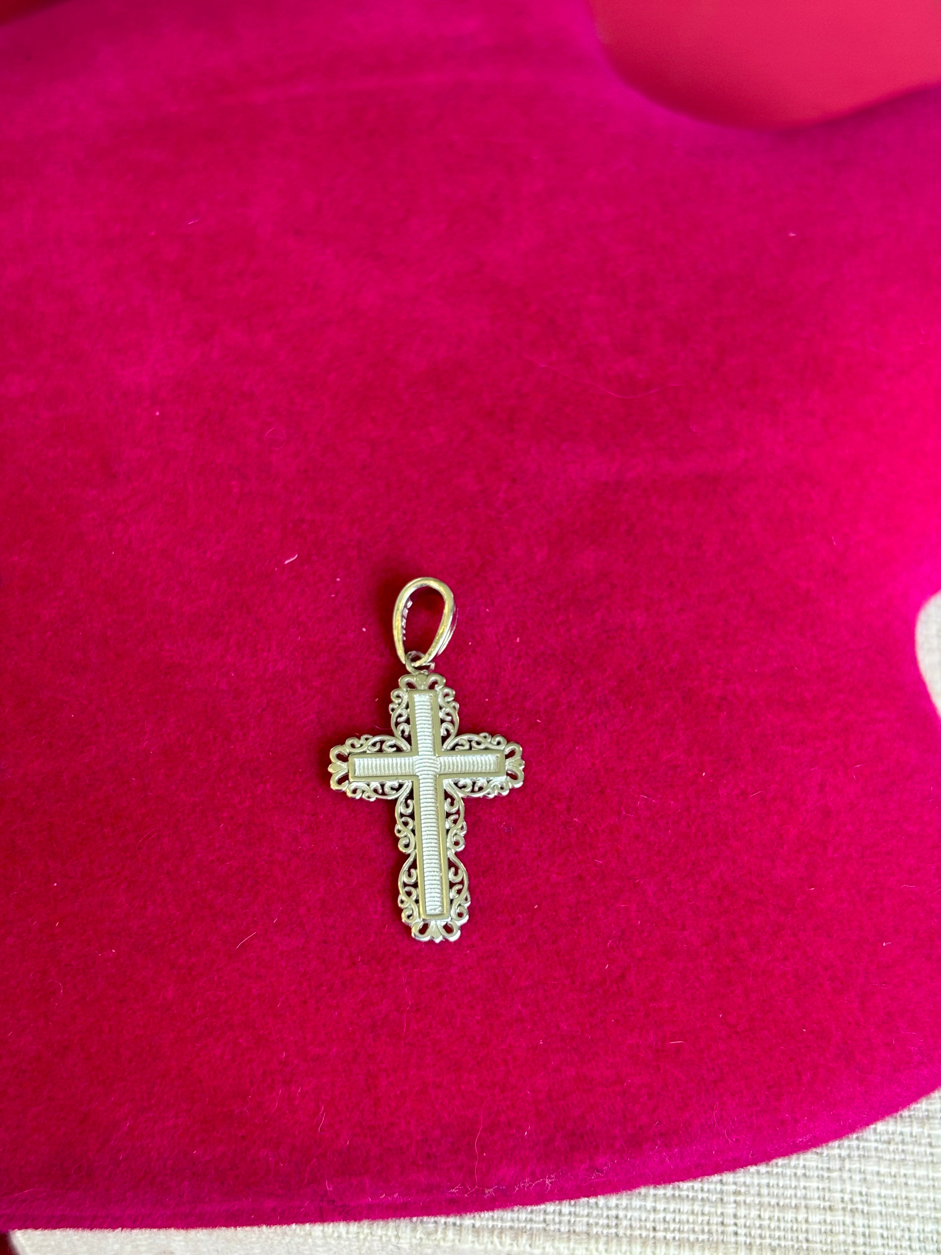De-Ani Sterling Silver Rhodium-Plated Polished Lace Border Latin Cross Pendant