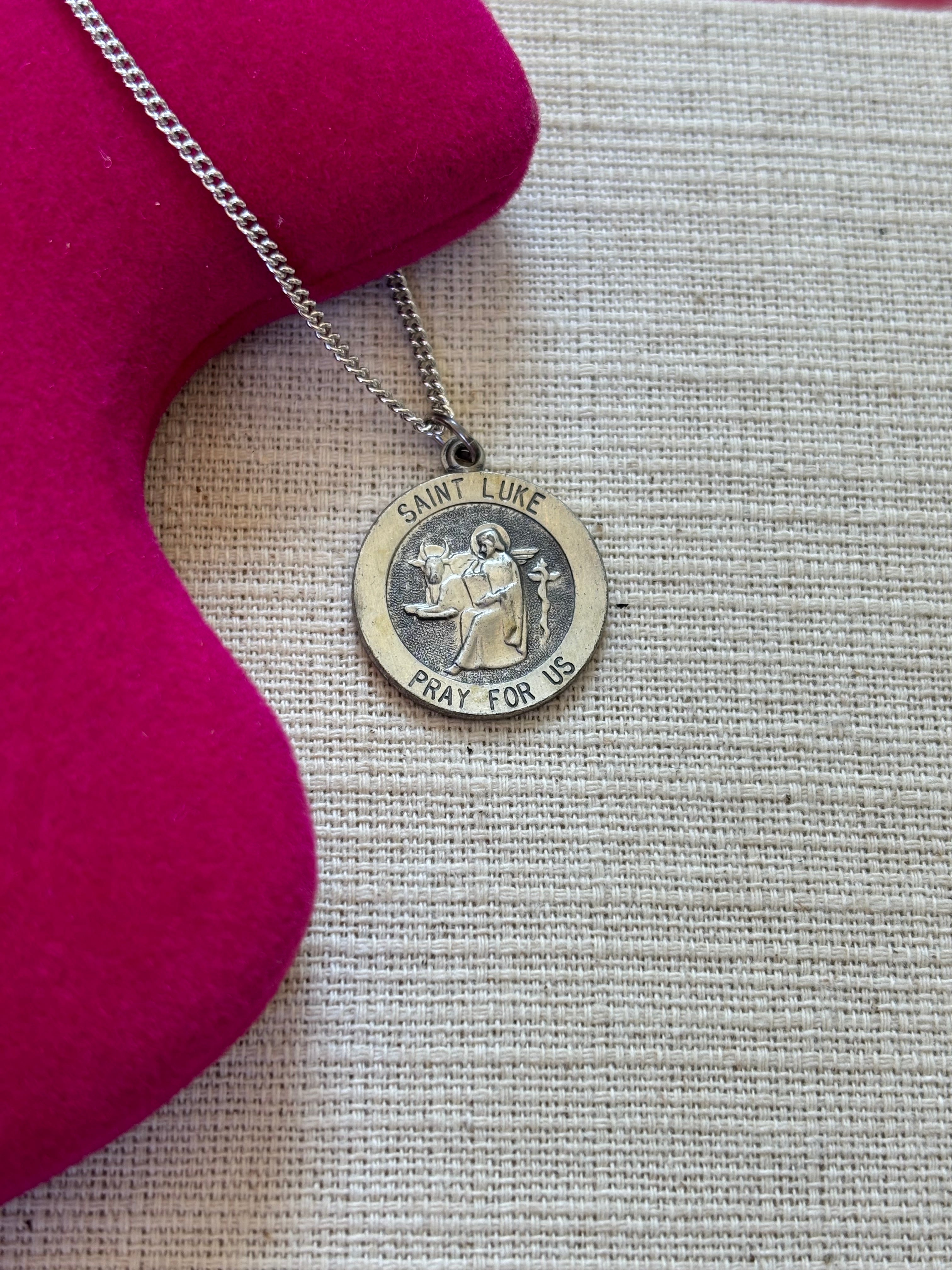 Sterling Silver 18 mm Round St. Luke Medal 18" Necklace