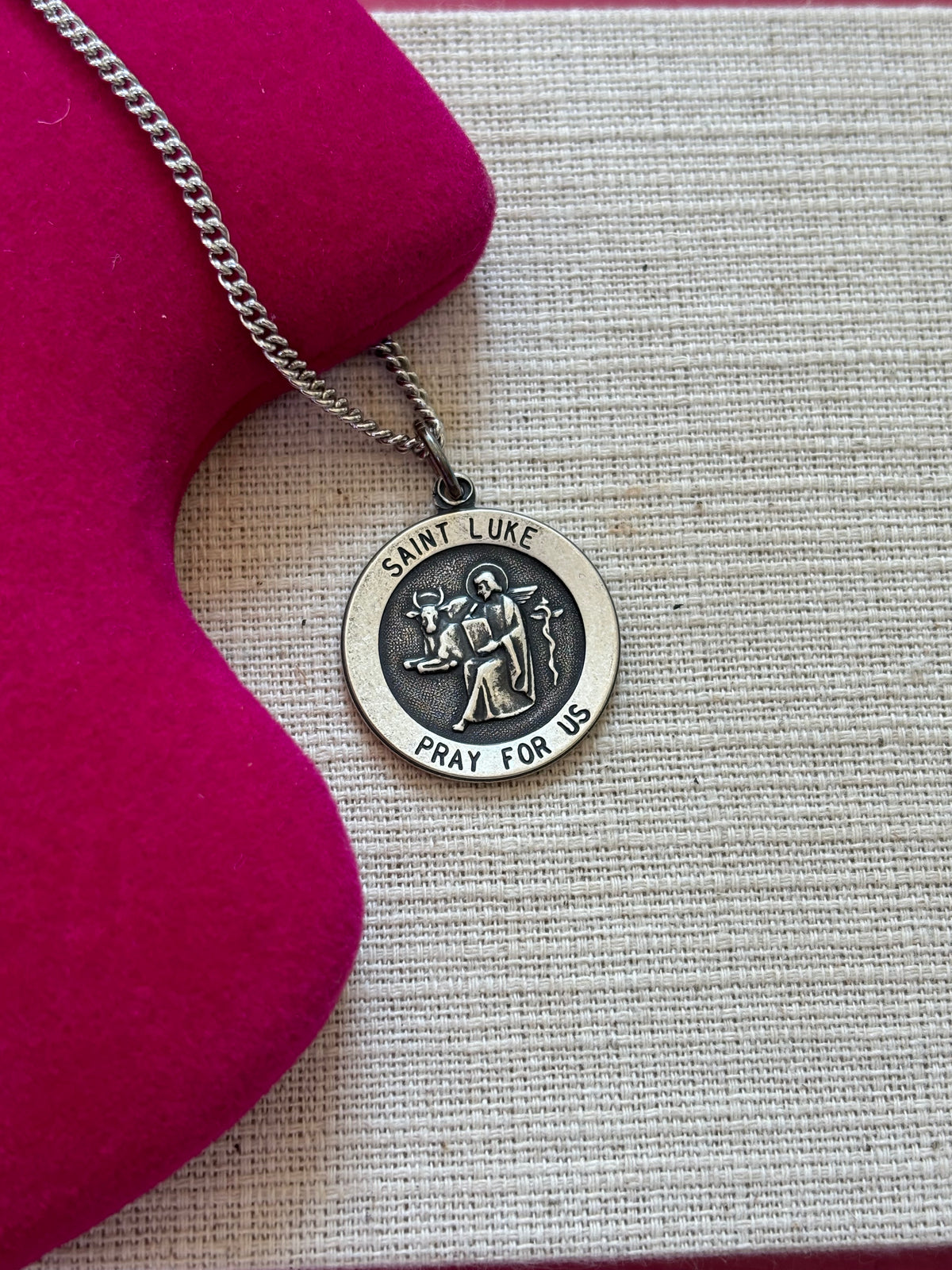 Sterling Silver 22 mm Round St. Luke Medal 24" Necklace