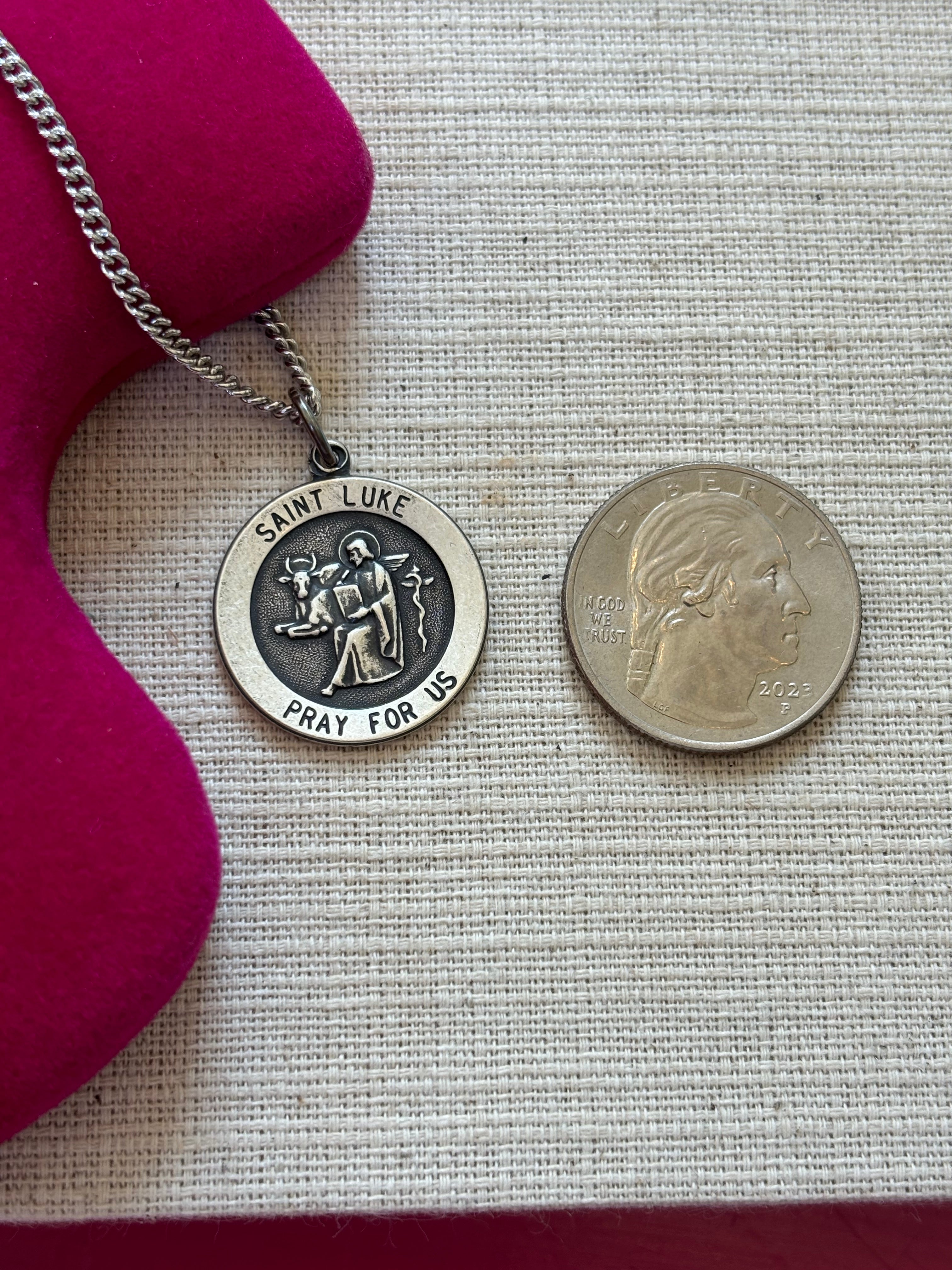Sterling Silver 22 mm Round St. Luke Medal 24" Necklace