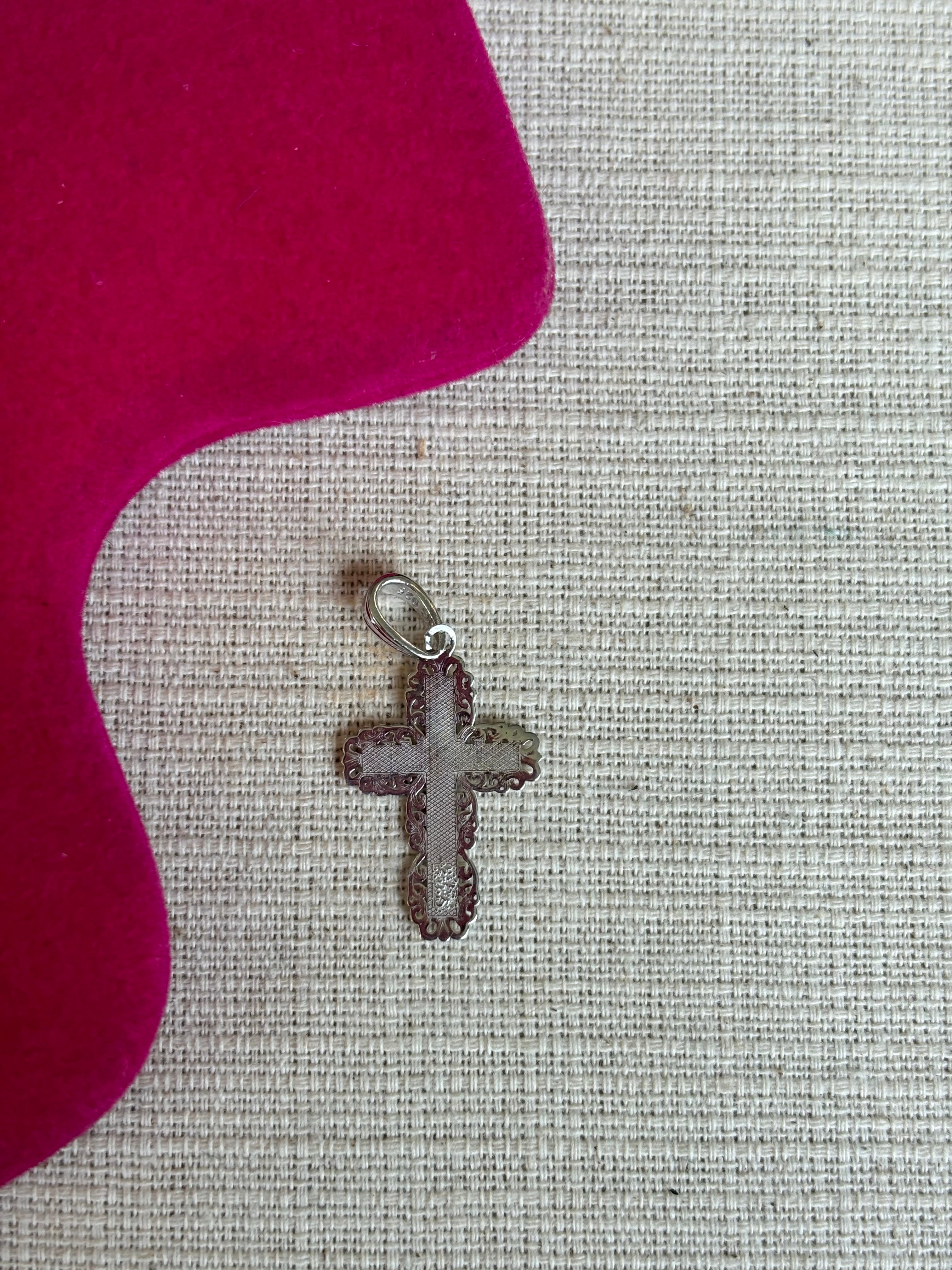 De-Ani Sterling Silver Rhodium-Plated Polished Lace Border Latin Cross Pendant
