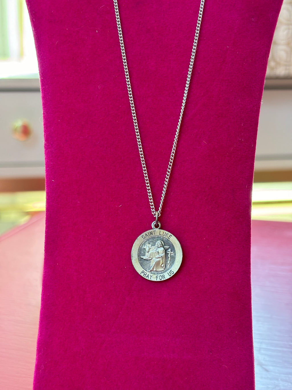 Sterling Silver 18 mm Round St. Luke Medal 18" Necklace