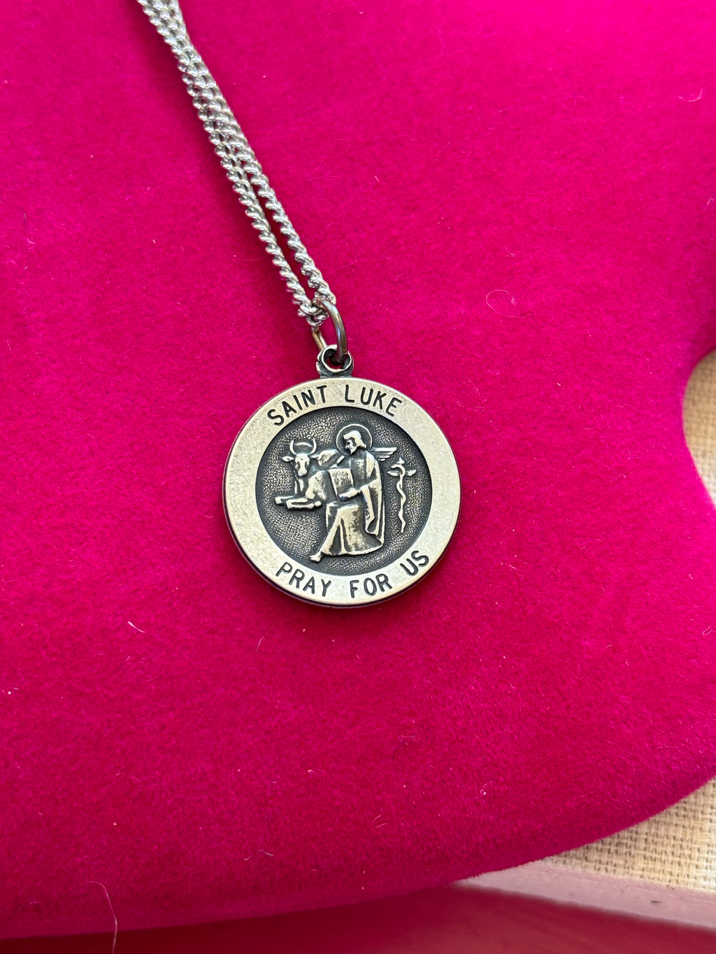 Sterling Silver 22 mm Round St. Luke Medal 24" Necklace