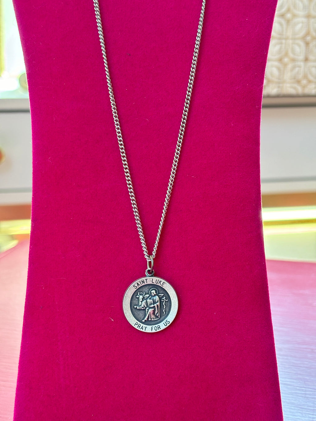 Sterling Silver 22 mm Round St. Luke Medal 24" Necklace