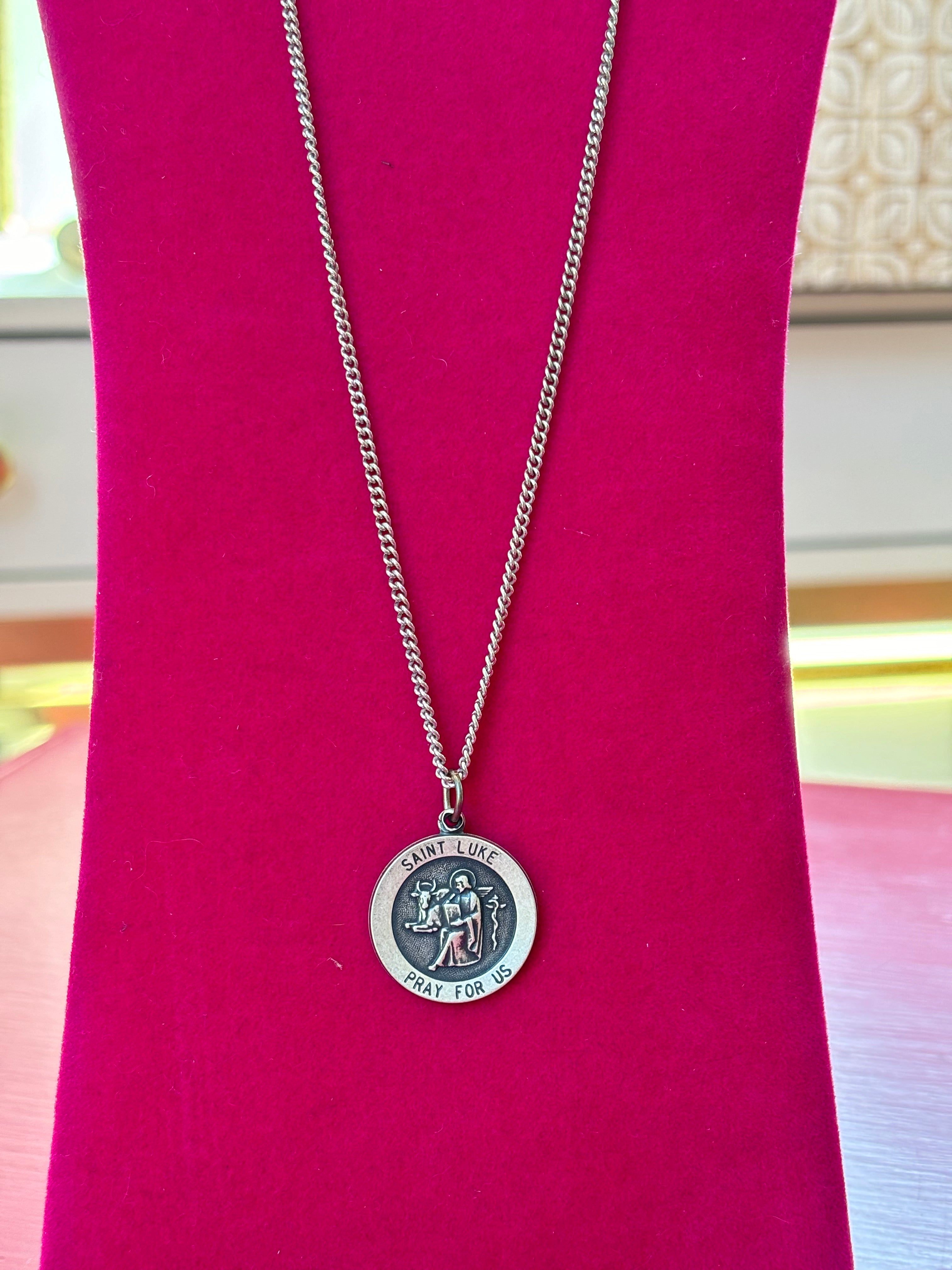 Sterling Silver 22 mm Round St. Luke Medal 24" Necklace