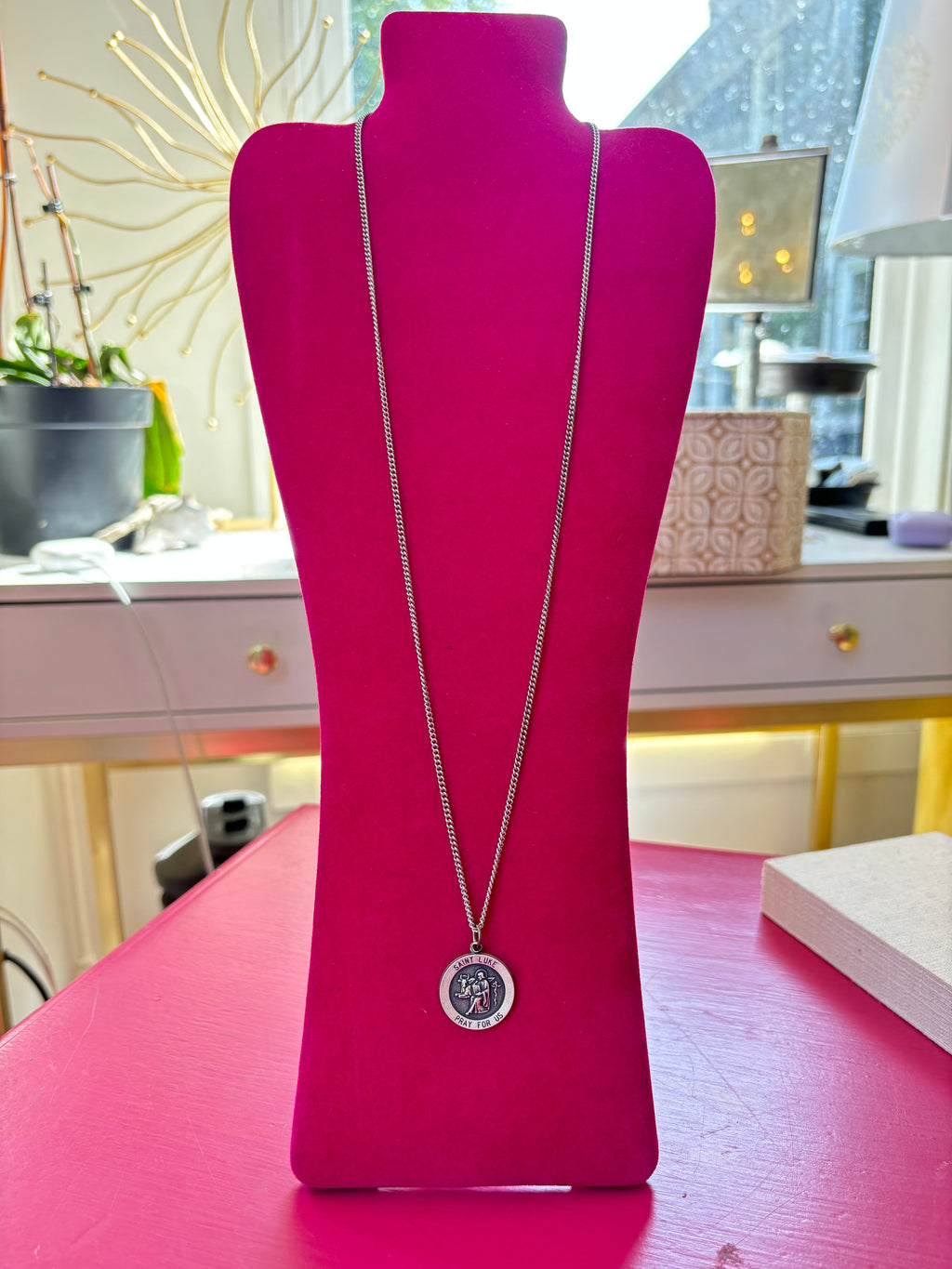 Sterling Silver 22 mm Round St. Luke Medal 24" Necklace