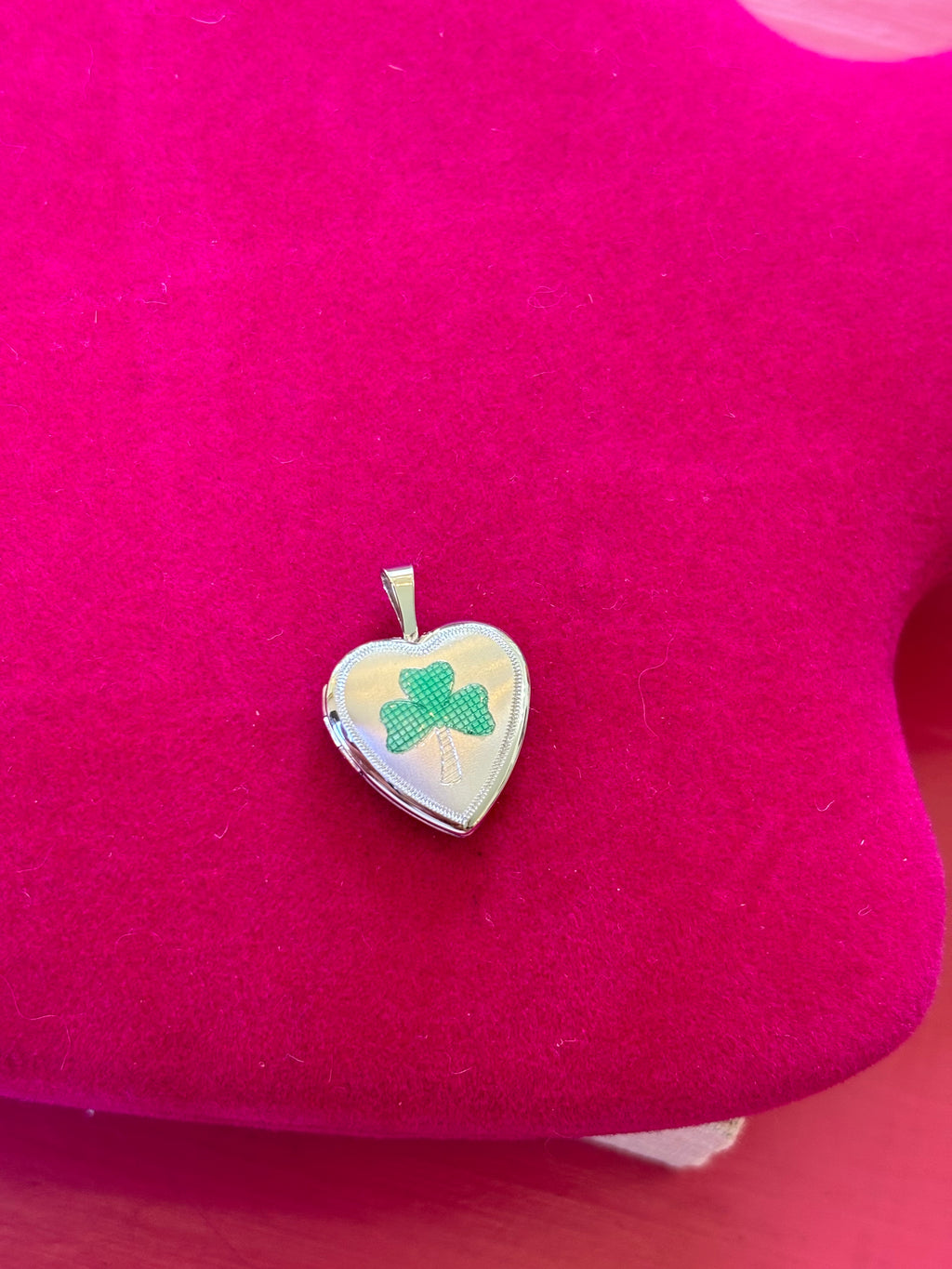 Sterling Silver 16mm Green Enamel Clover Heart Locket