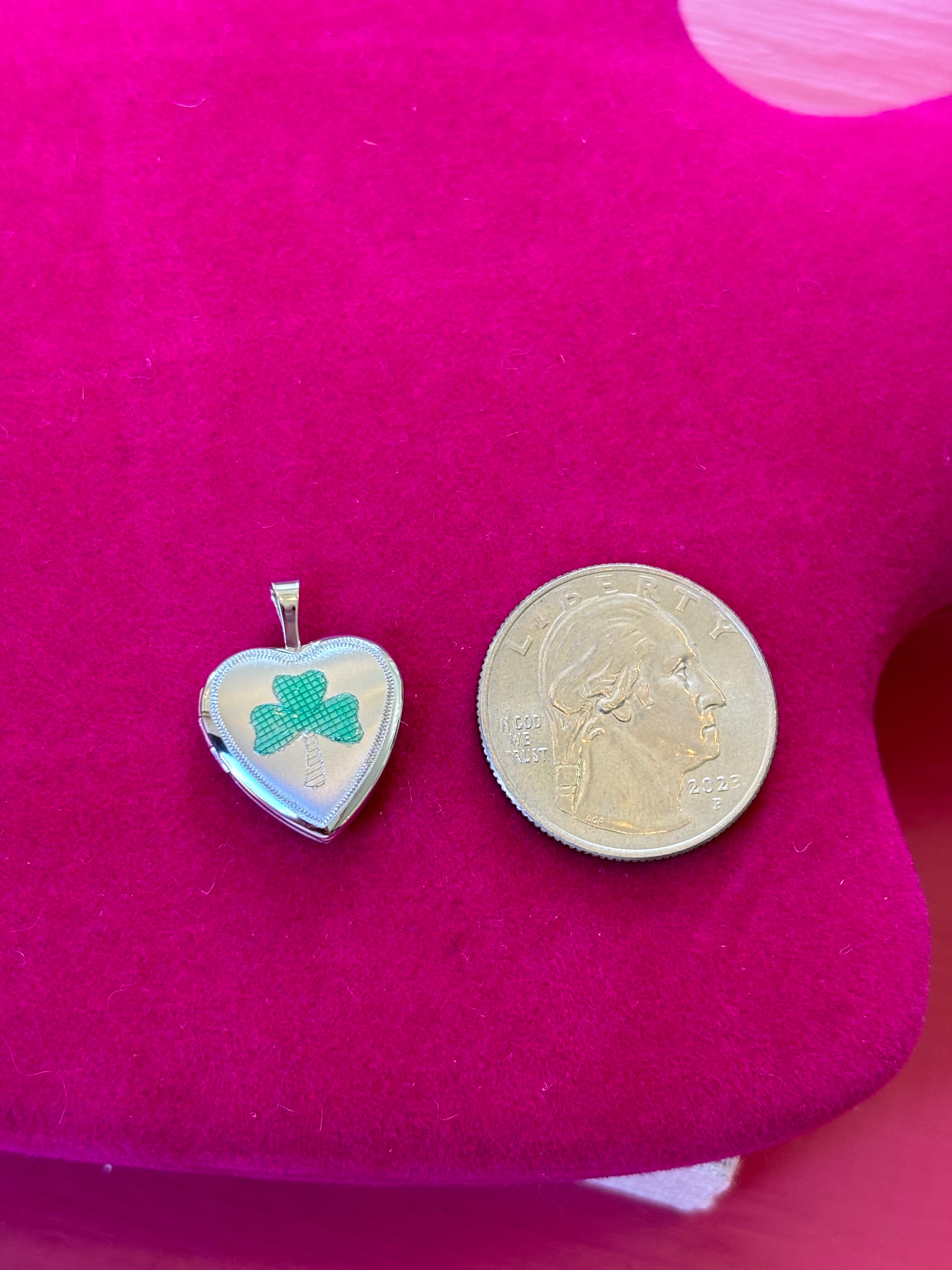 Sterling Silver 16mm Green Enamel Clover Heart Locket