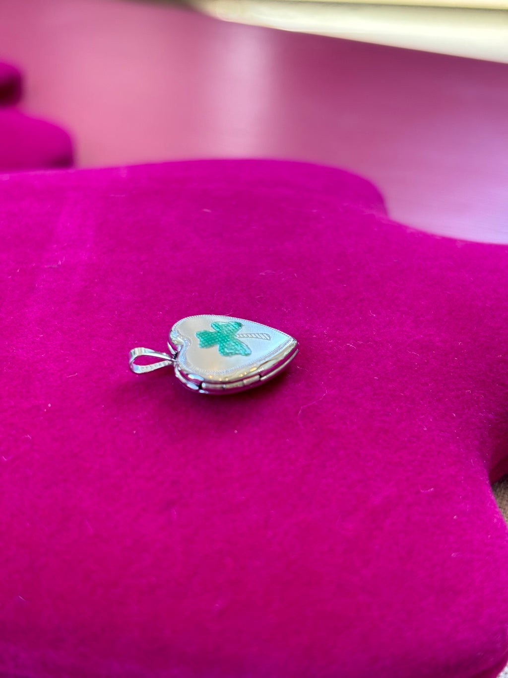 Sterling Silver 16mm Green Enamel Clover Heart Locket