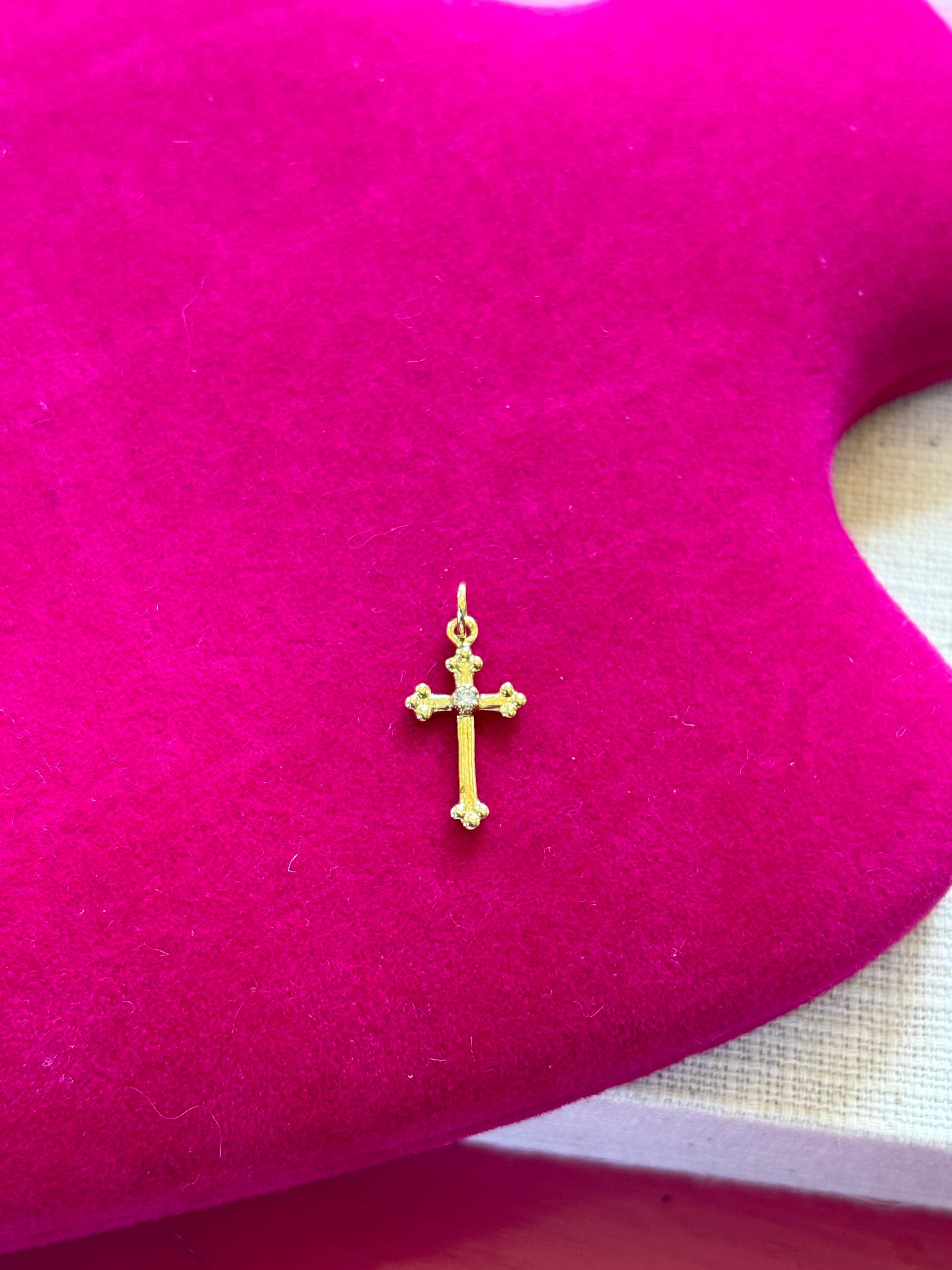 14k Gold Diamond Budded Tiny Cross Charm Pendant