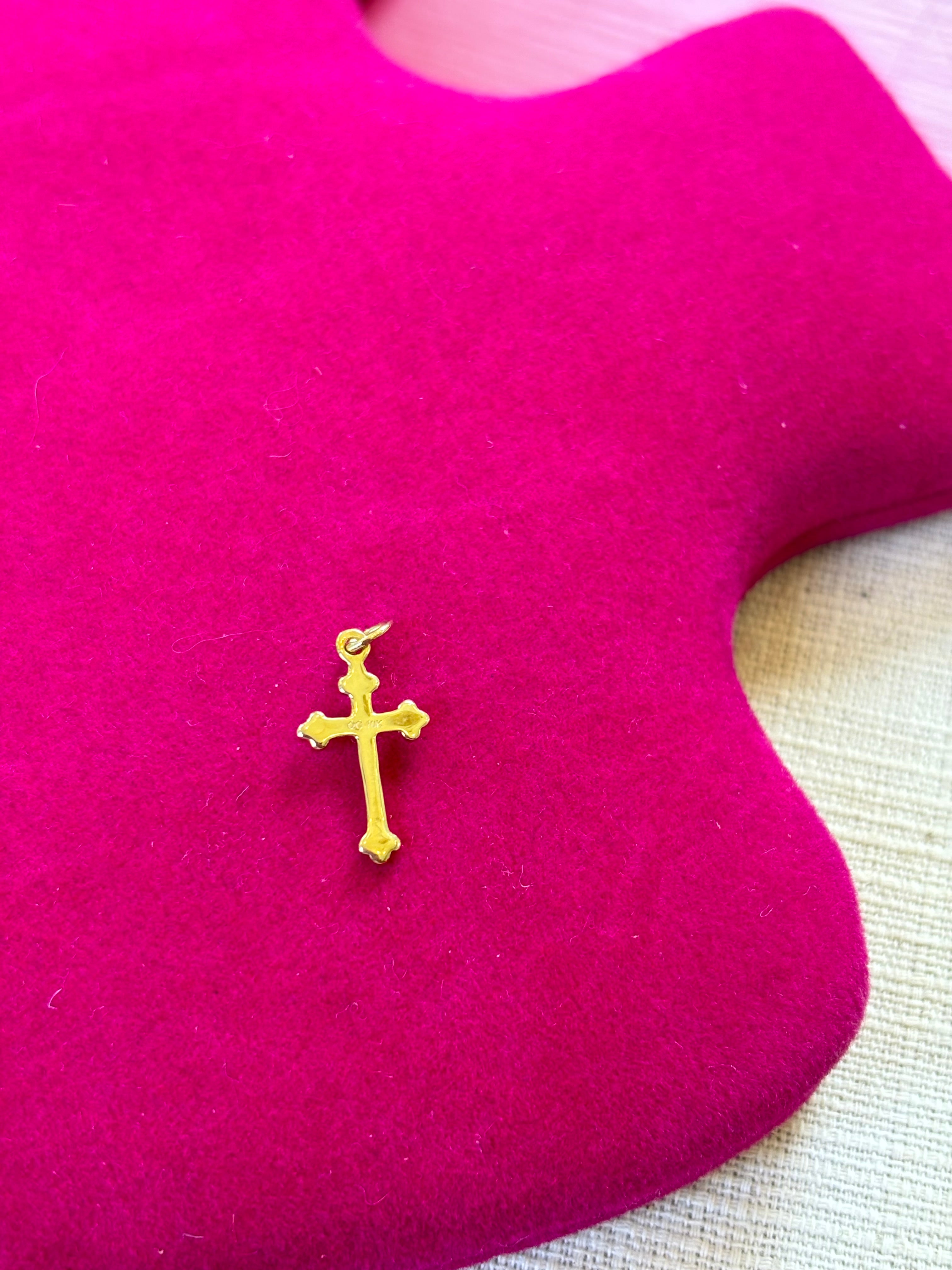 14k Gold Diamond Budded Tiny Cross Charm Pendant
