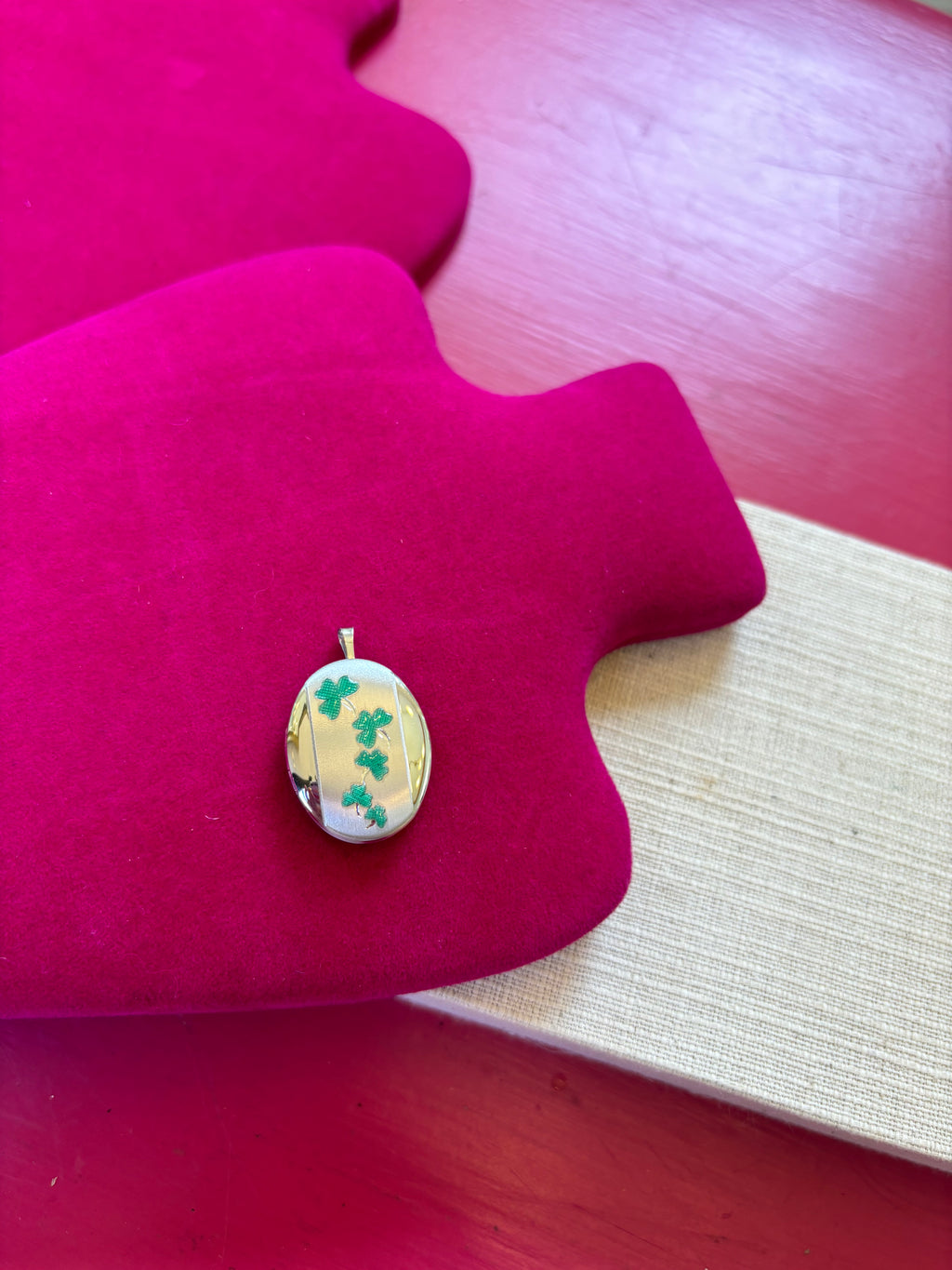Sterling Silver Rhodium-plated Satin Enameled Clovers Oval Locket