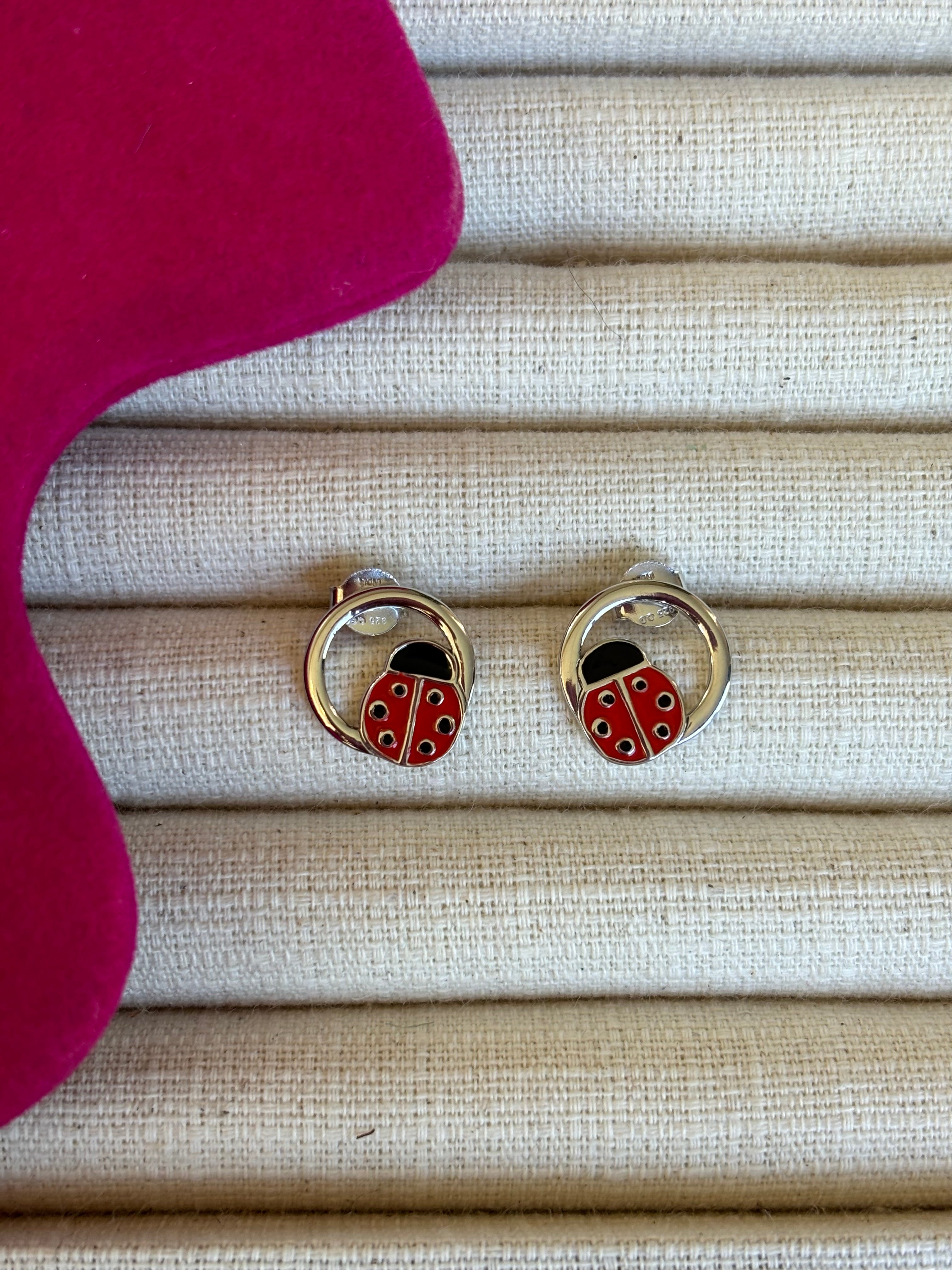 Sterling Silver Rhodium-plated Enameled Ladybug on Ring Post Earrings