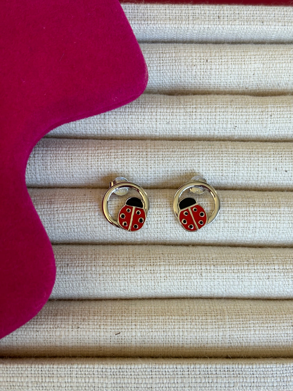 Sterling Silver Rhodium-plated Enameled Ladybug on Ring Post Earrings