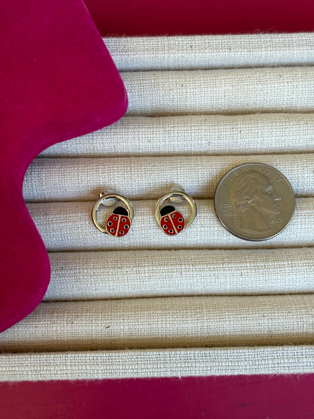 Sterling Silver Rhodium-plated Enameled Ladybug on Ring Post Earrings