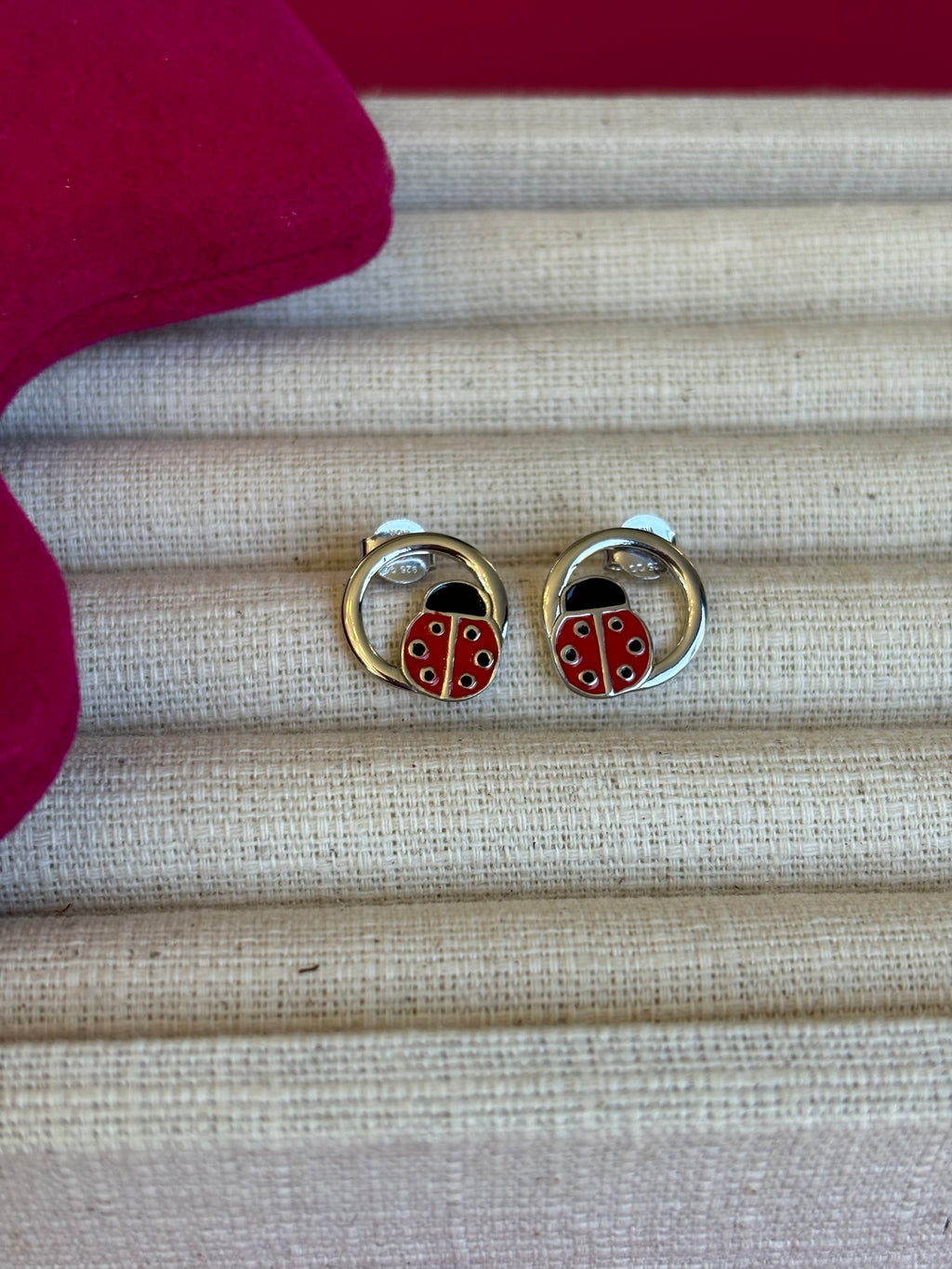 Sterling Silver Rhodium-plated Enameled Ladybug on Ring Post Earrings
