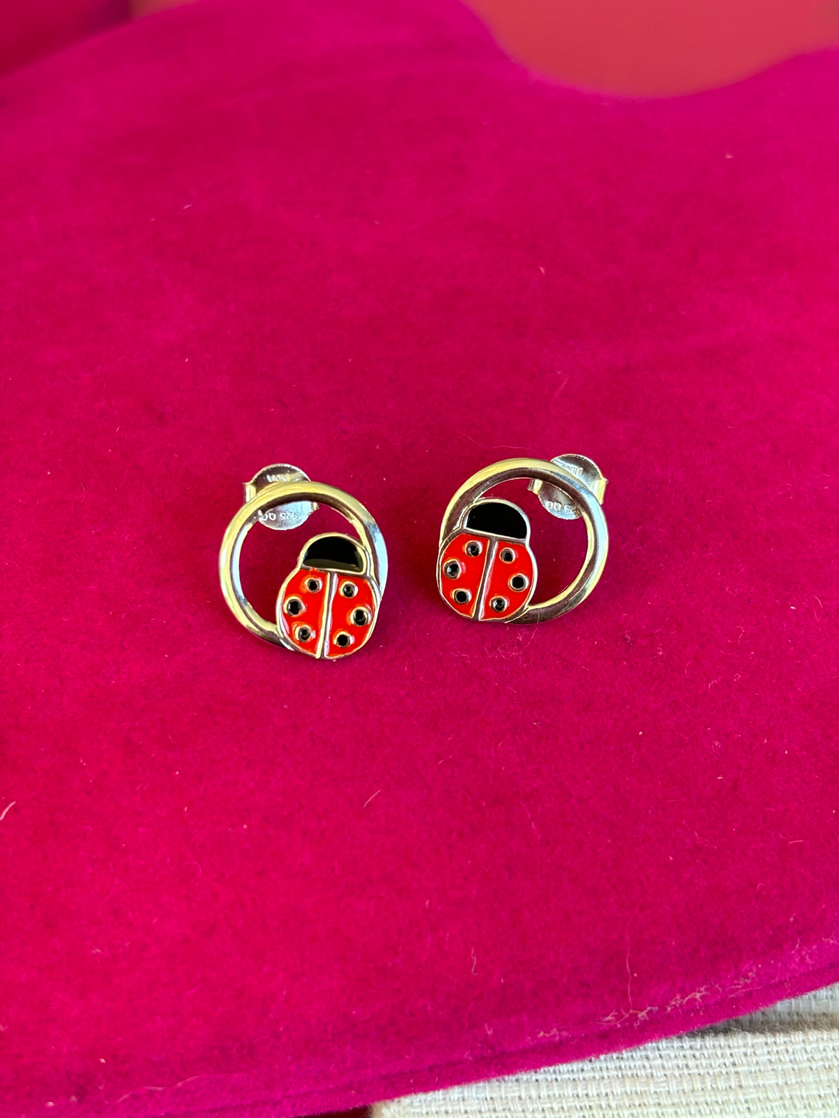Sterling Silver Rhodium-plated Enameled Ladybug on Ring Post Earrings