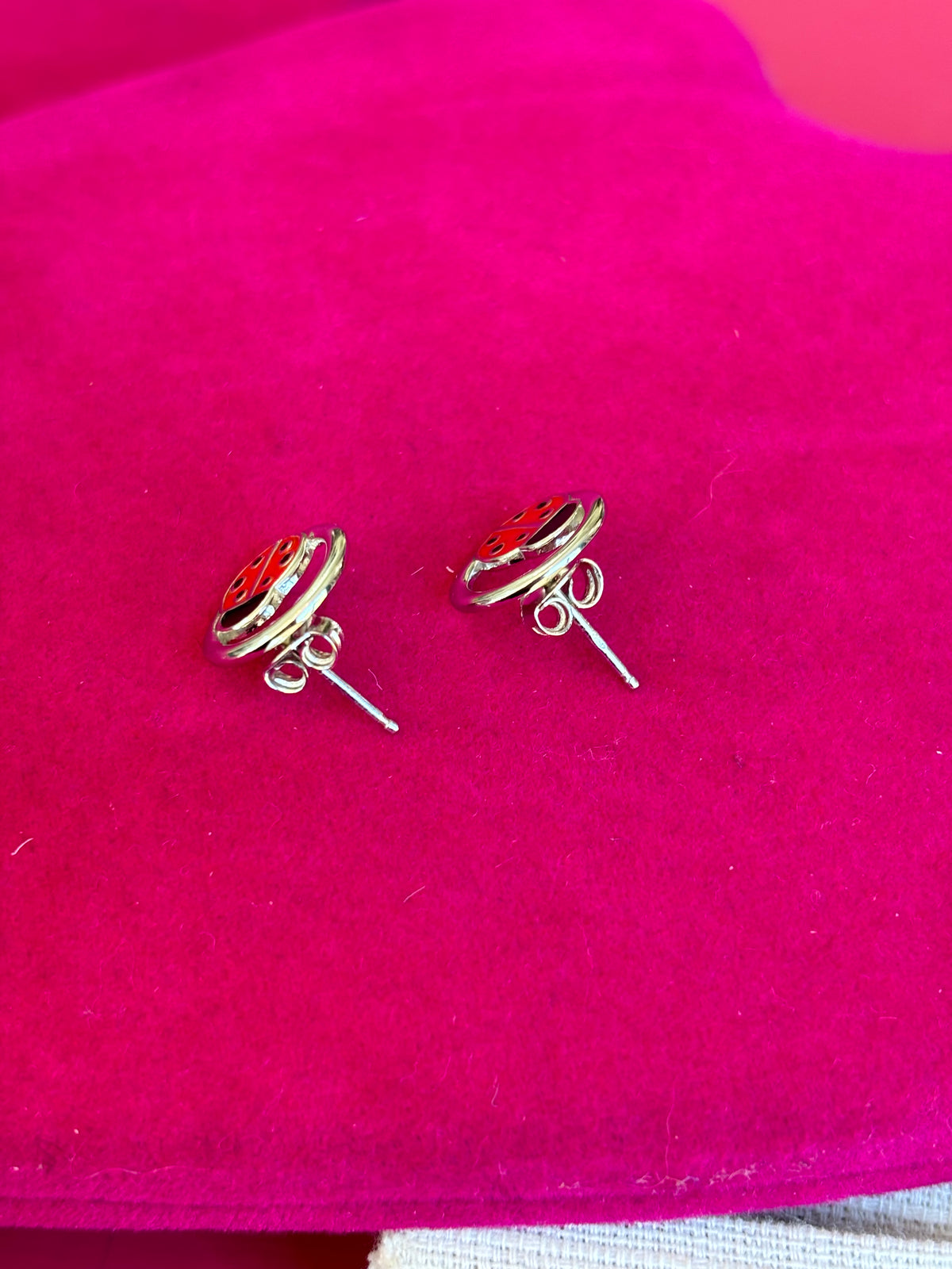 Sterling Silver Rhodium-plated Enameled Ladybug on Ring Post Earrings