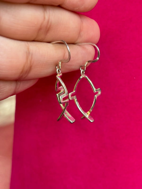 Sterling Silver Polished Cross Ichthus Dangle Earrings