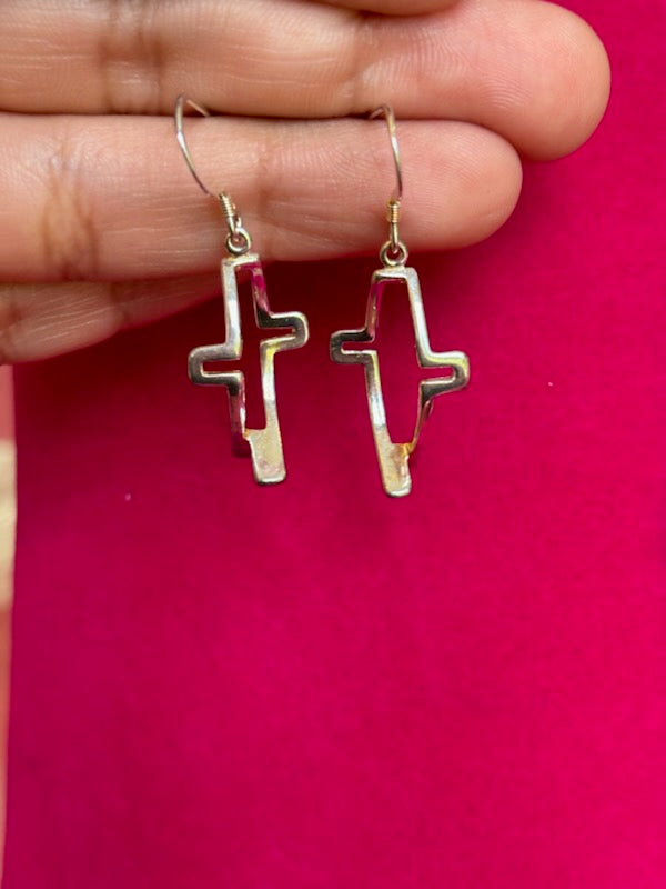 Sterling Silver Polished Cross Ichthus Dangle Earrings
