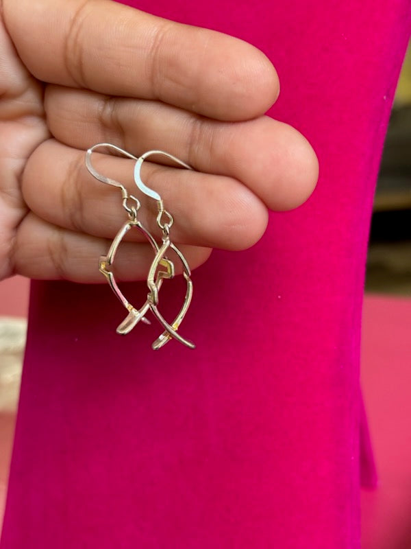 Sterling Silver Polished Cross Ichthus Dangle Earrings