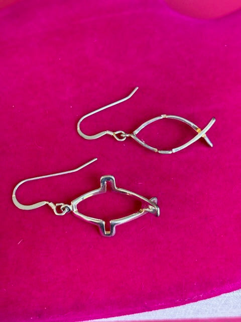 Sterling Silver Polished Cross Ichthus Dangle Earrings