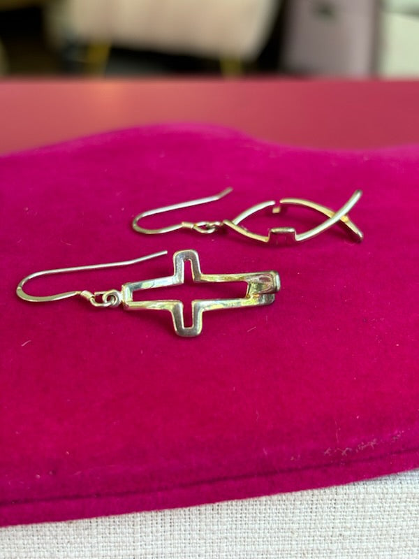 Sterling Silver Polished Cross Ichthus Dangle Earrings