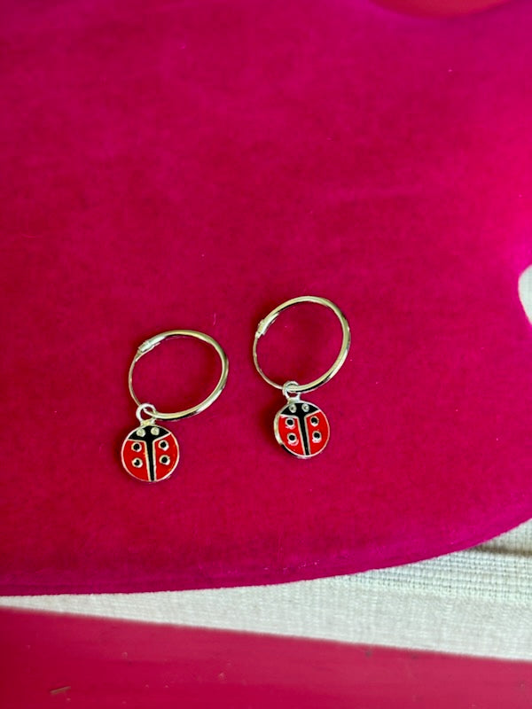 Sterling Silver Rh-plated Enamel Ladybug Dangle Eternity Hoop Earrings
