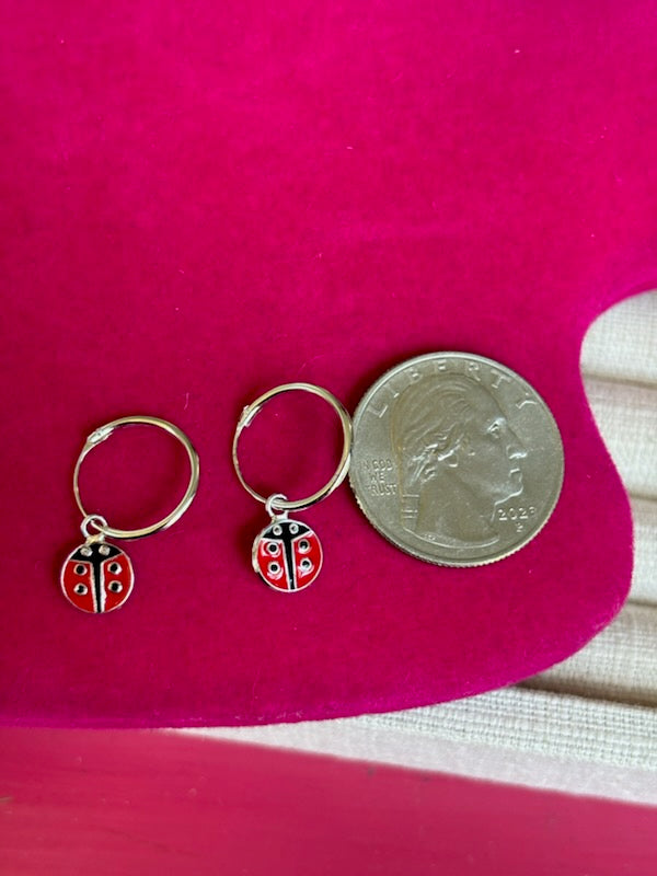Sterling Silver Rh-plated Enamel Ladybug Dangle Eternity Hoop Earrings