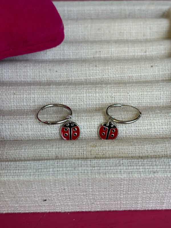 Sterling Silver Rh-plated Enamel Ladybug Dangle Eternity Hoop Earrings