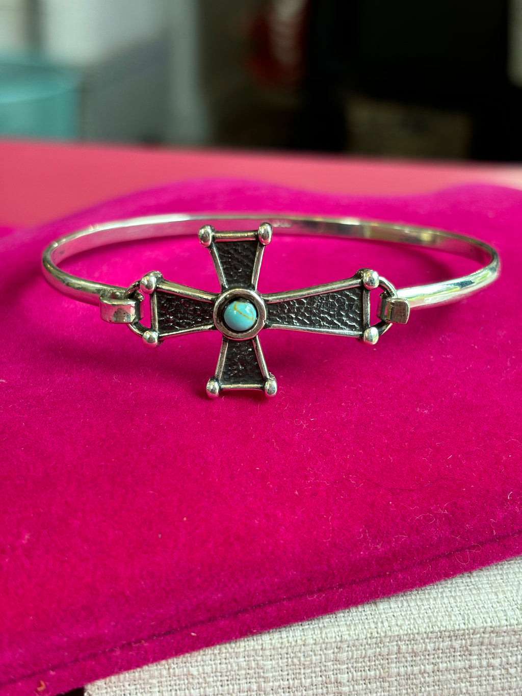 Sterling Silver Imitation Turquoise Cross Bangle Bracelet