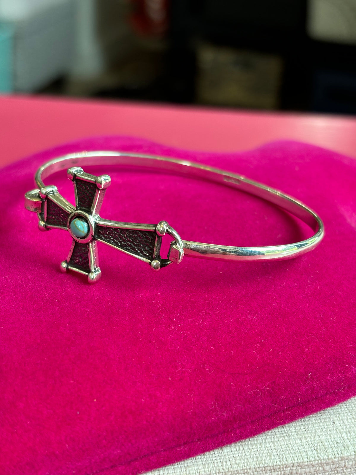 Sterling Silver Imitation Turquoise Cross Bangle Bracelet
