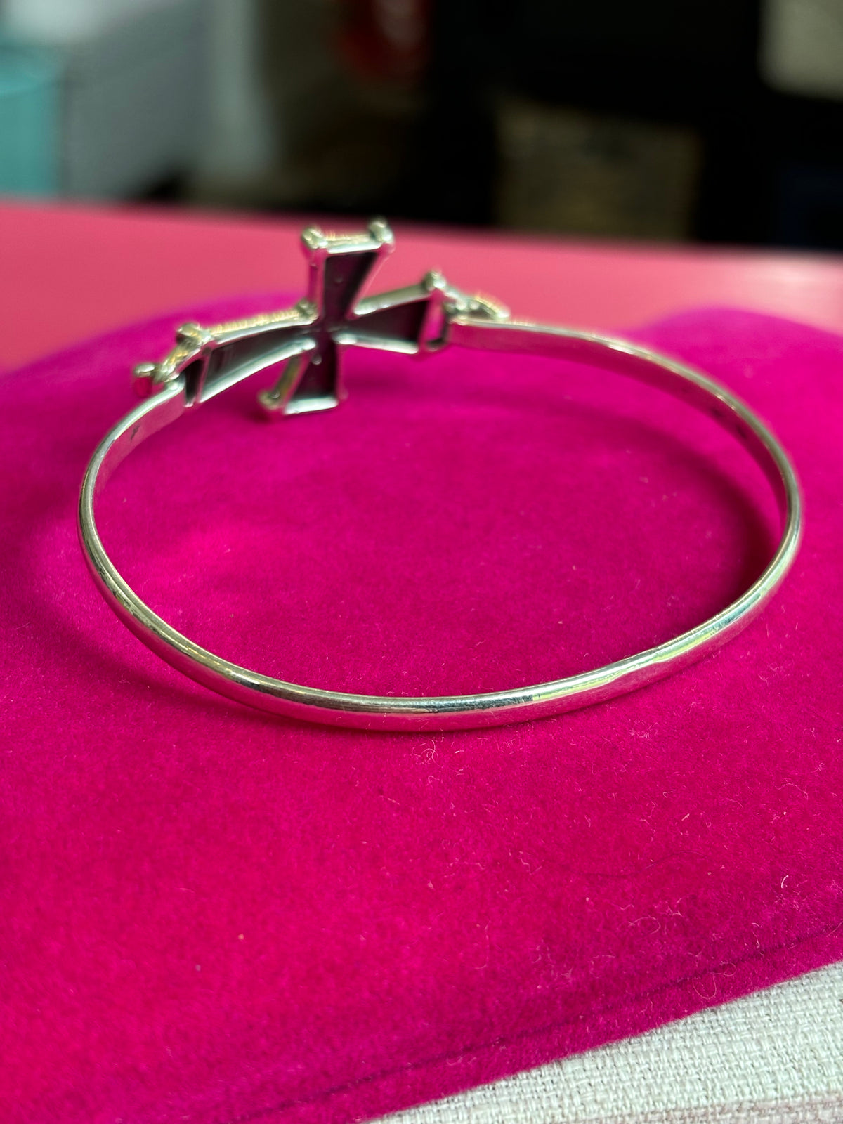 Sterling Silver Imitation Turquoise Cross Bangle Bracelet