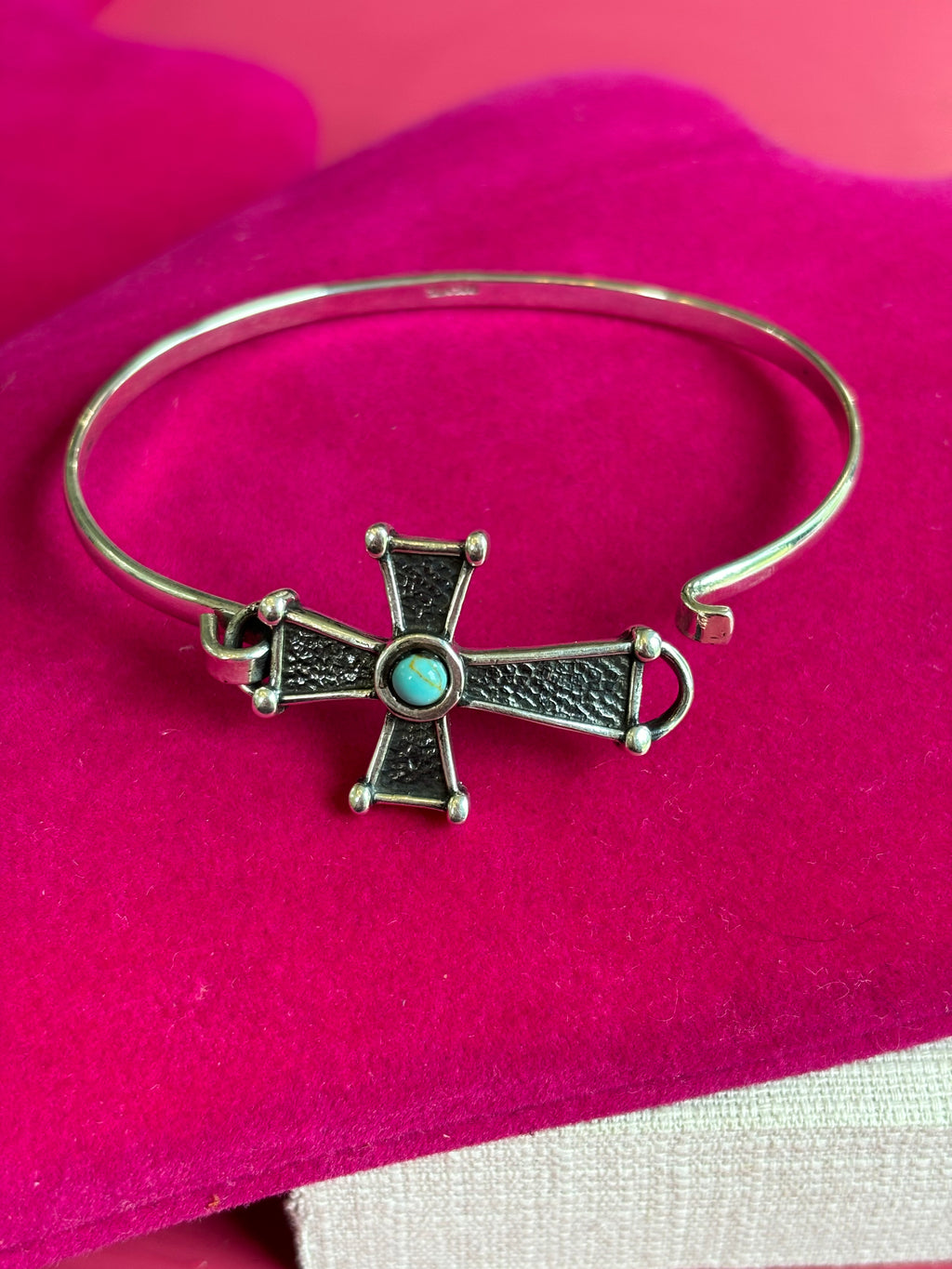 Sterling Silver Imitation Turquoise Cross Bangle Bracelet