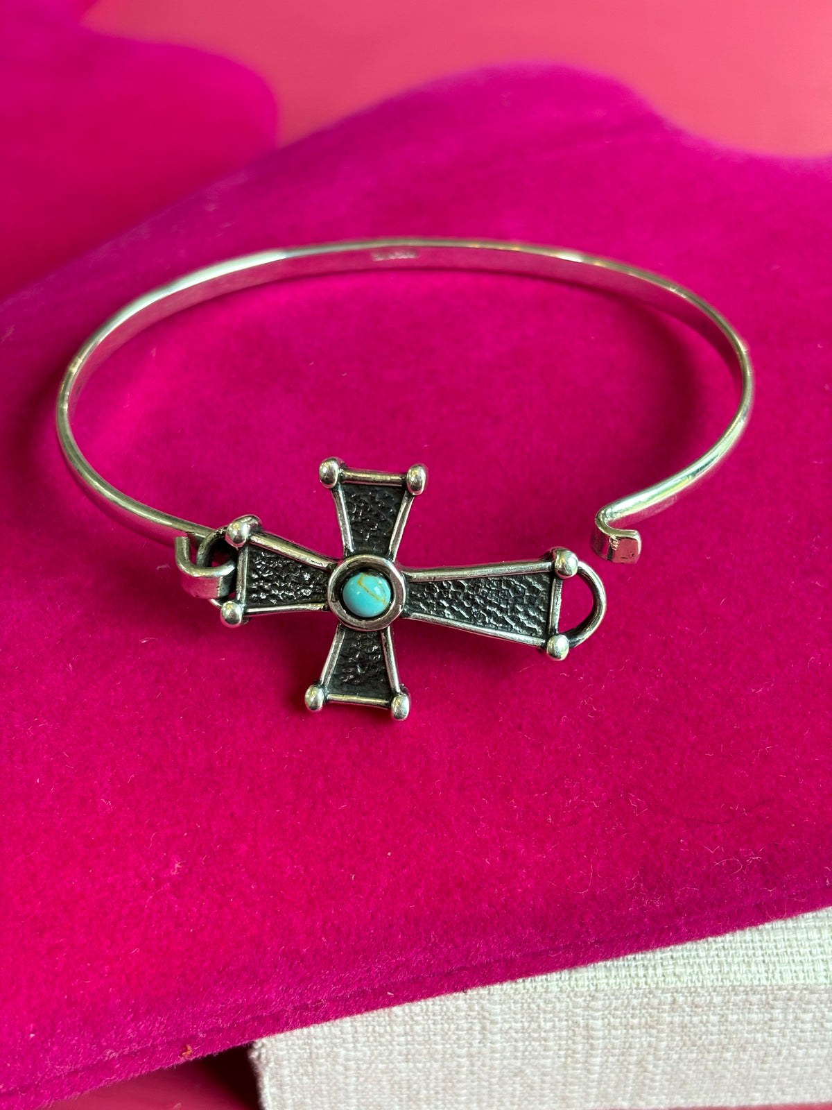 Sterling Silver Imitation Turquoise Cross Bangle Bracelet
