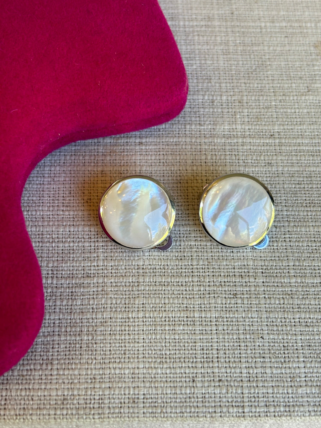 Sterling Silver Rhodium Plated Mother of Pearl Round Non-Pierced Earrings