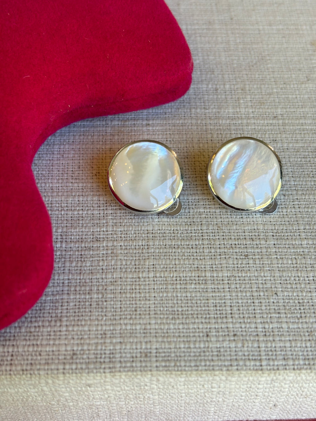 Sterling Silver Rhodium Plated Mother of Pearl Round Non-Pierced Earrings