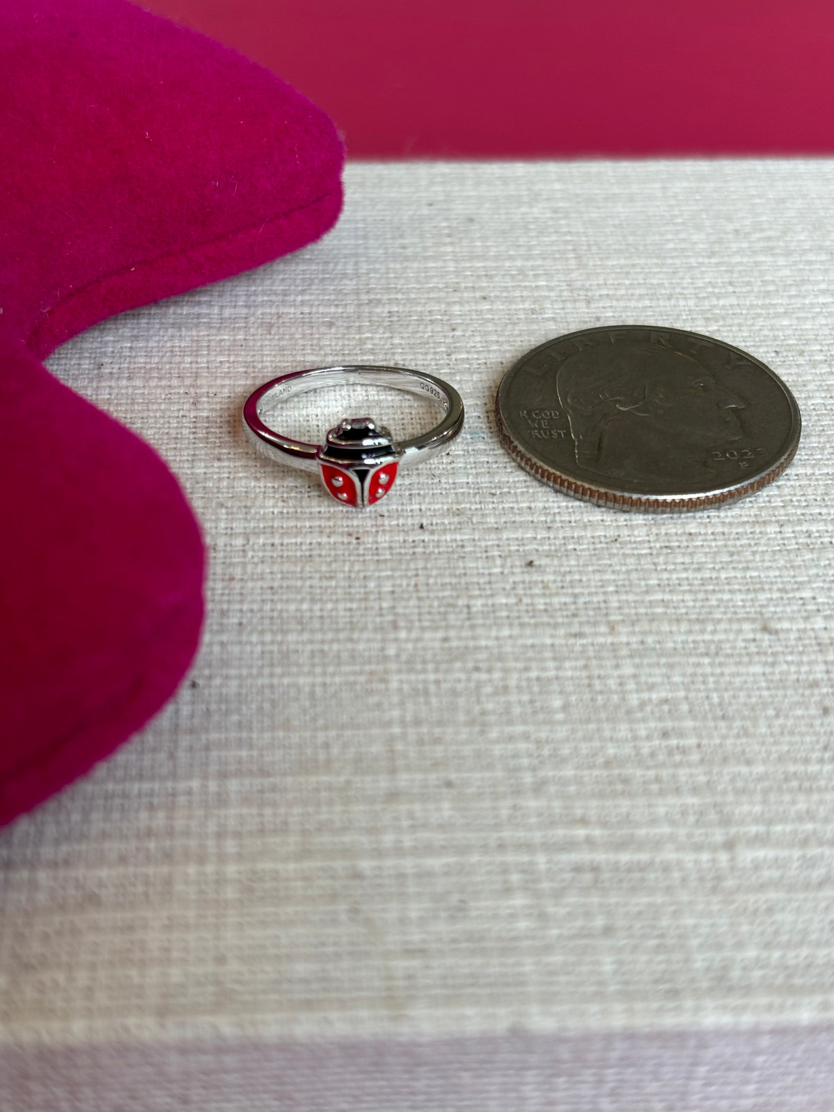 Sterling Silver Rhod-plated Polished and Enameled Ladybug Size 4 Ring