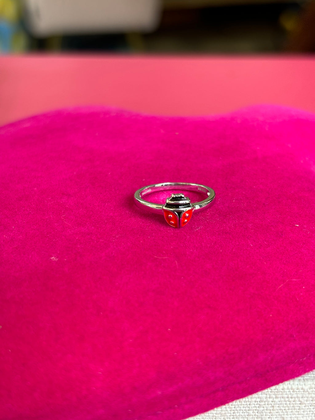 Sterling Silver Rhod-plated Polished and Enameled Ladybug Size 4 Ring