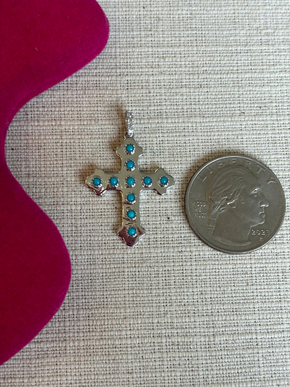 14k White Gold Turquoise and White Topaz Cross Pendant