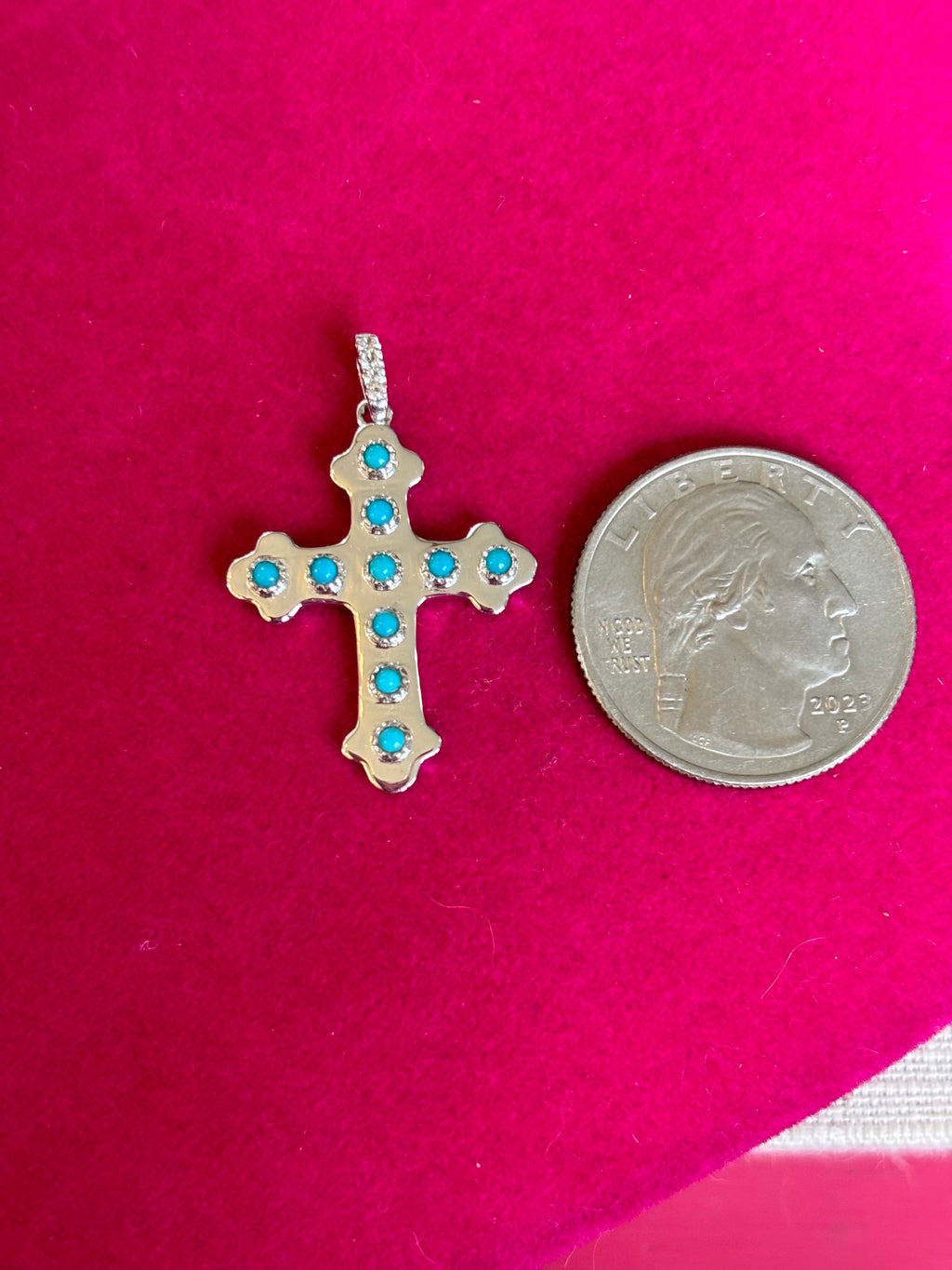14k White Gold Turquoise and White Topaz Cross Pendant