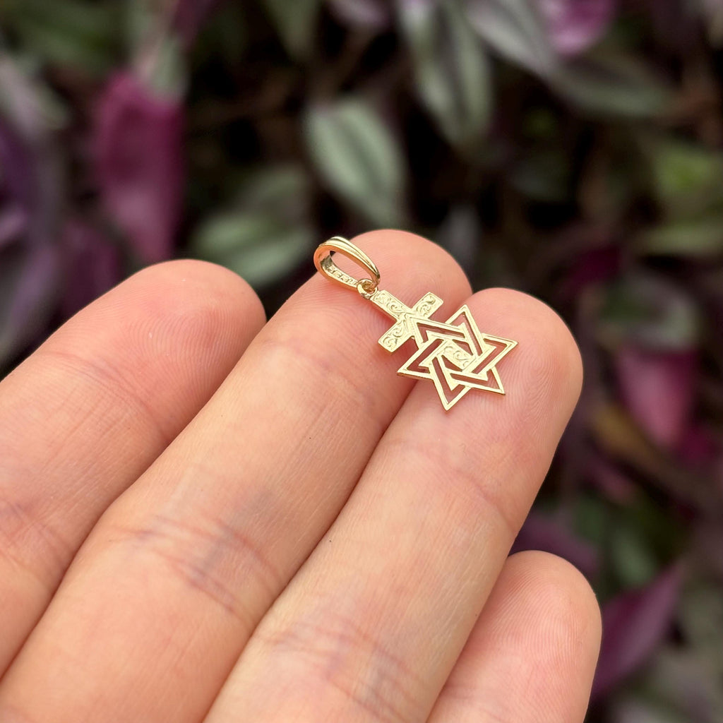 14k Gold Judica Star of David Magan Cross Star Charm Pendant