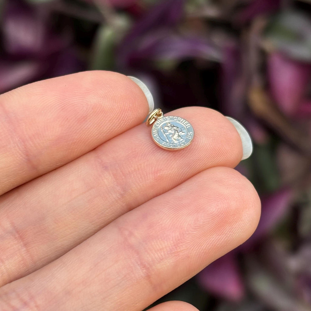 14k Gold St Christopher Round Medal Charm Pendant Mini
