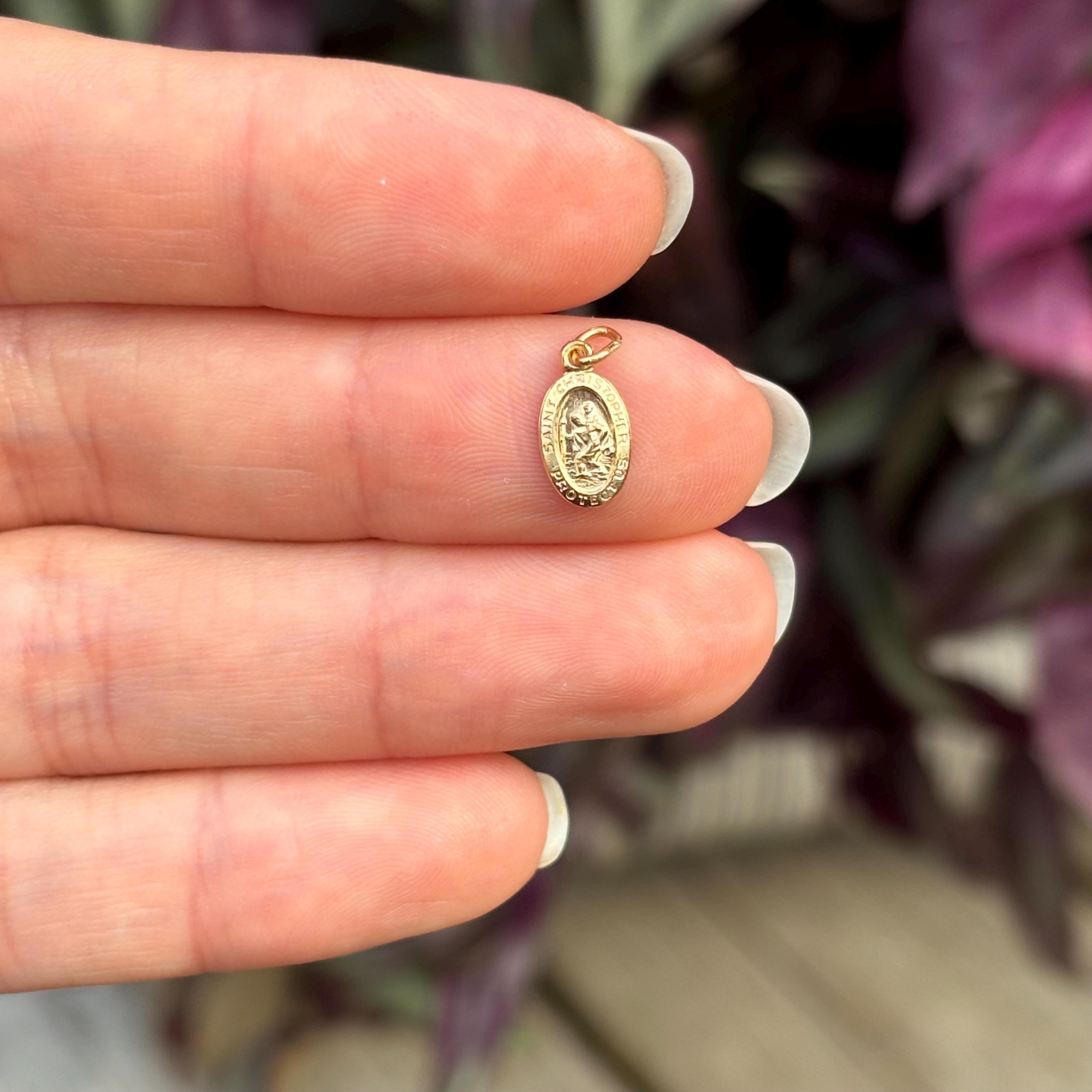 14k Gold St Christopher Oval Medal Charm Pendant Mini