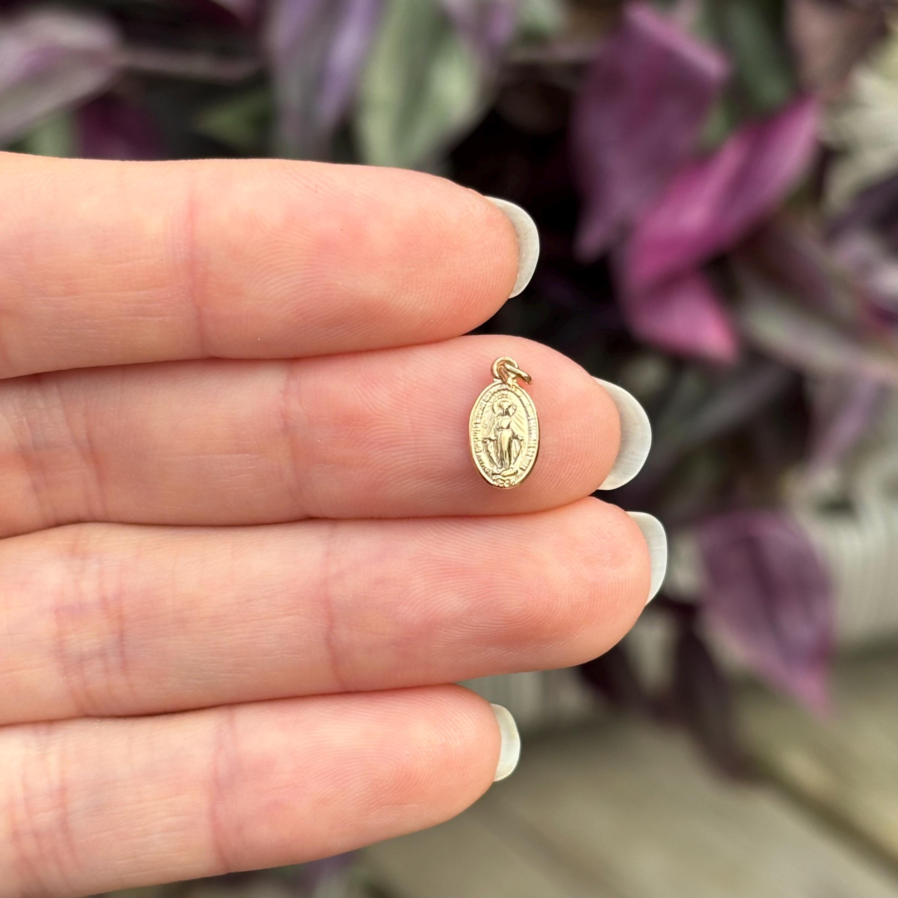 14k Gold Miraculous Medal Oval Medal Charm Pendant Mini