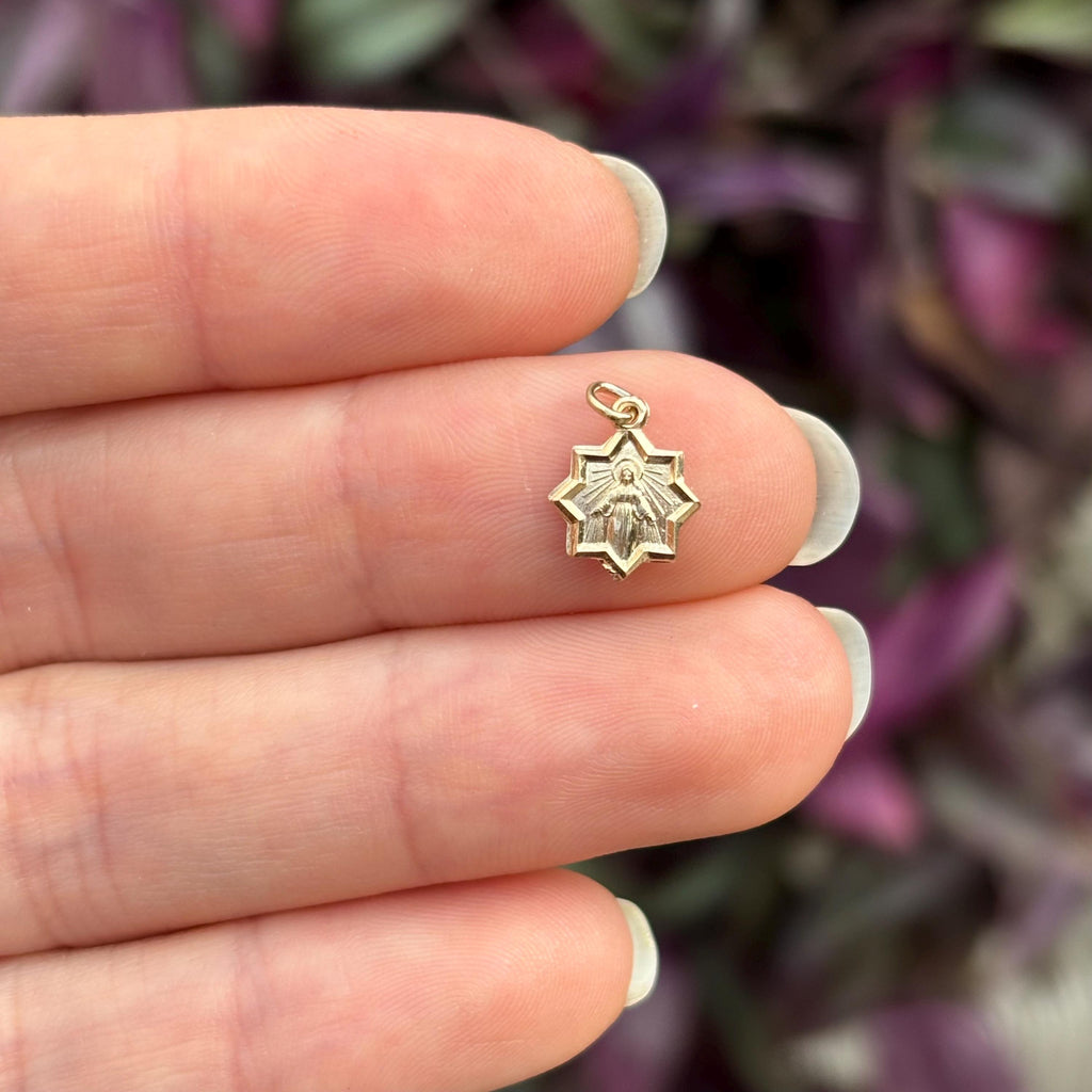 14k Gold Blessed Mary Star Medal Charm Pendant Mini