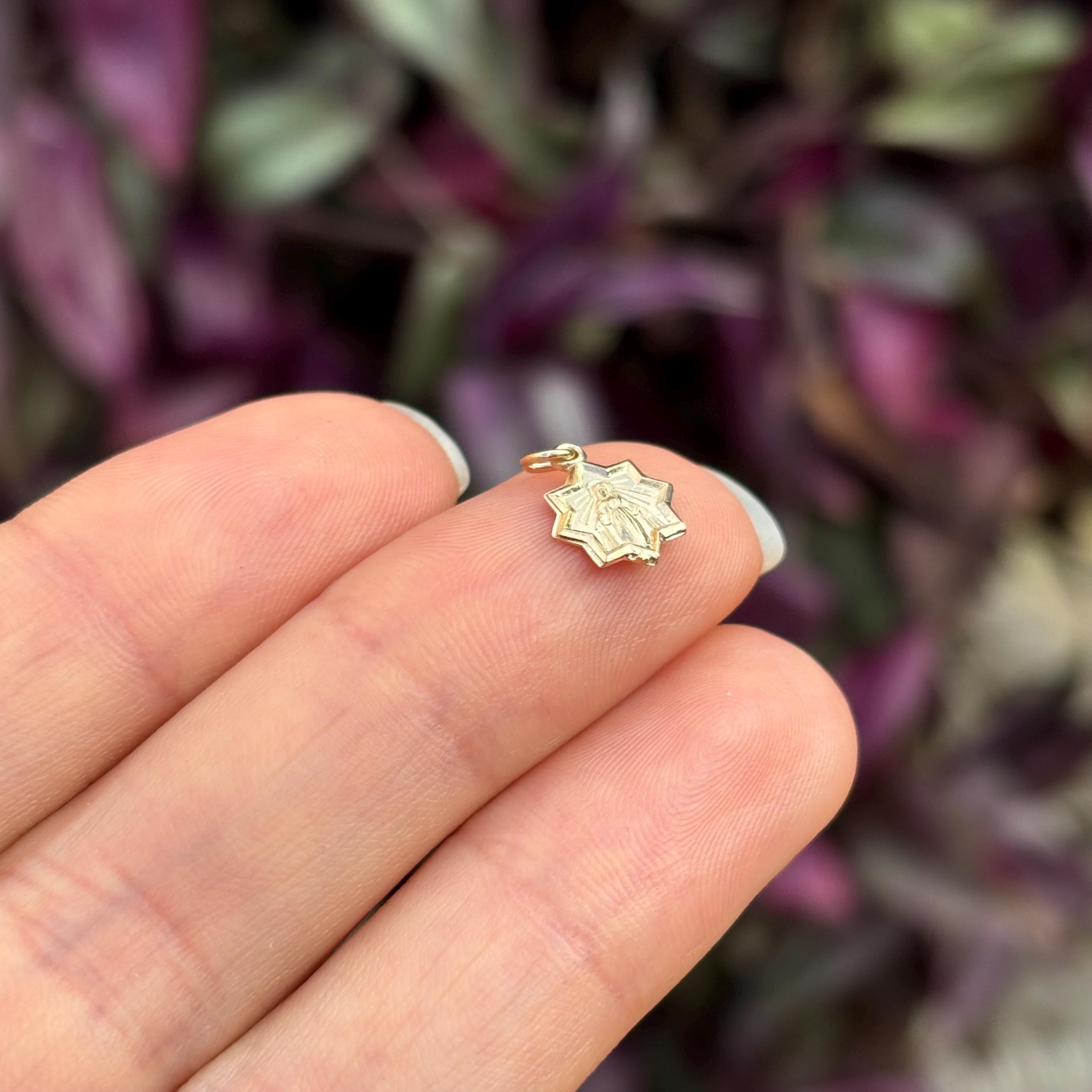 14k Gold Blessed Mary Star Medal Charm Pendant Mini