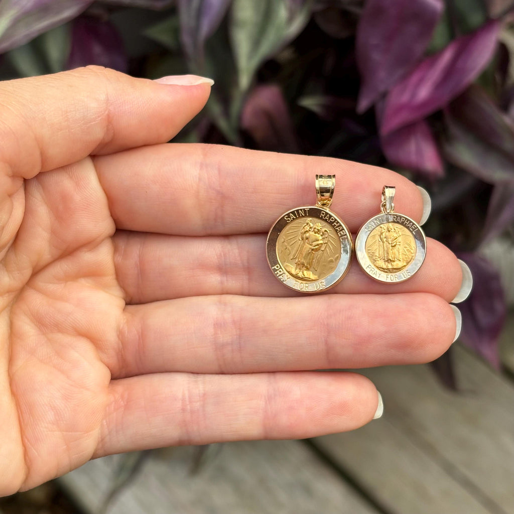 14k Gold St Raphael Medal Round Medal Pendant 2 Sizes