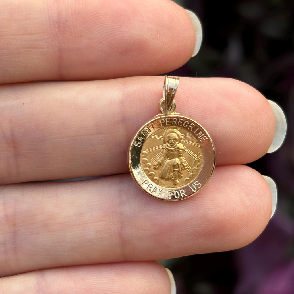 14k Gold St Peregrine Round Medal Pendant 15mm
