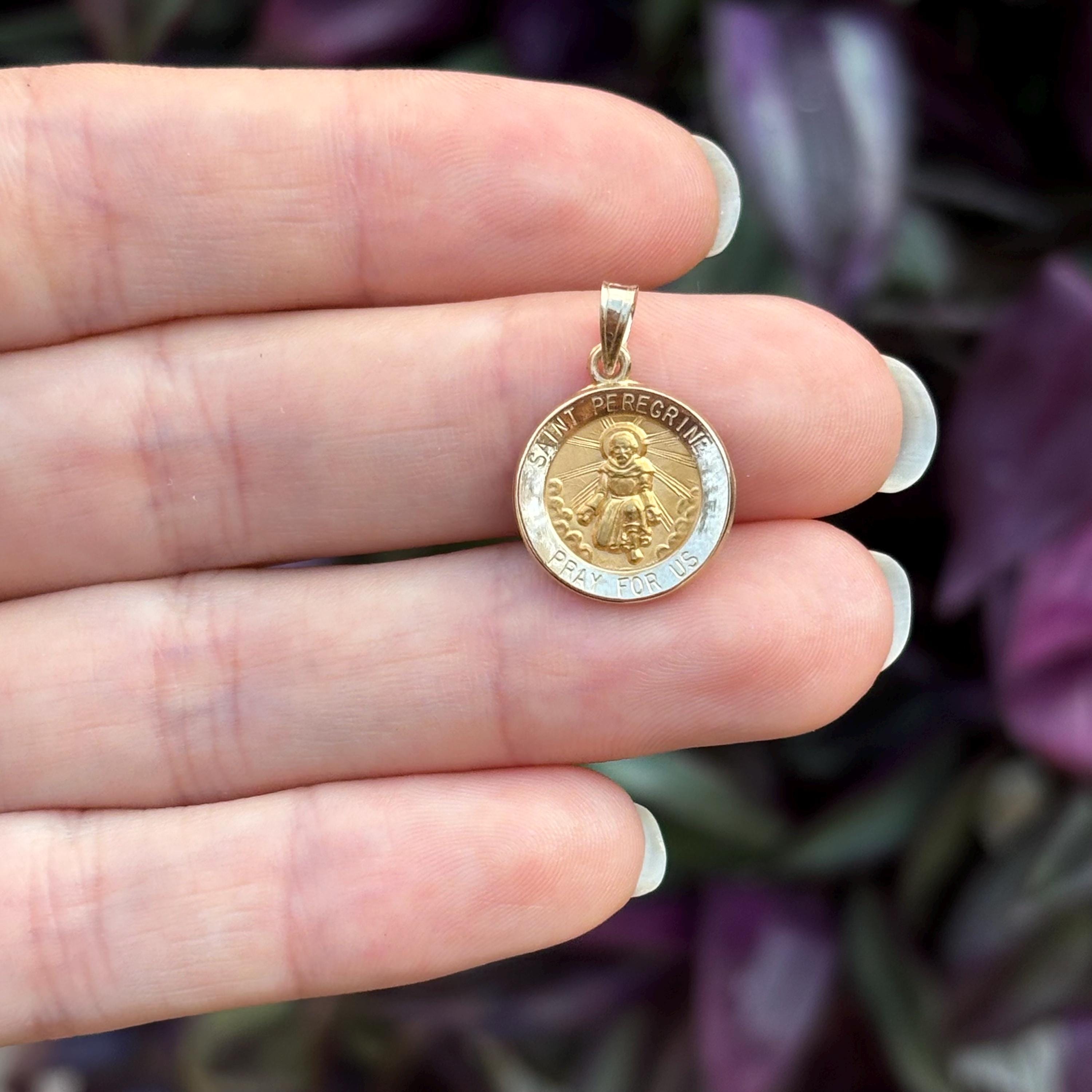 14k Gold St Peregrine Round Medal Pendant 15mm